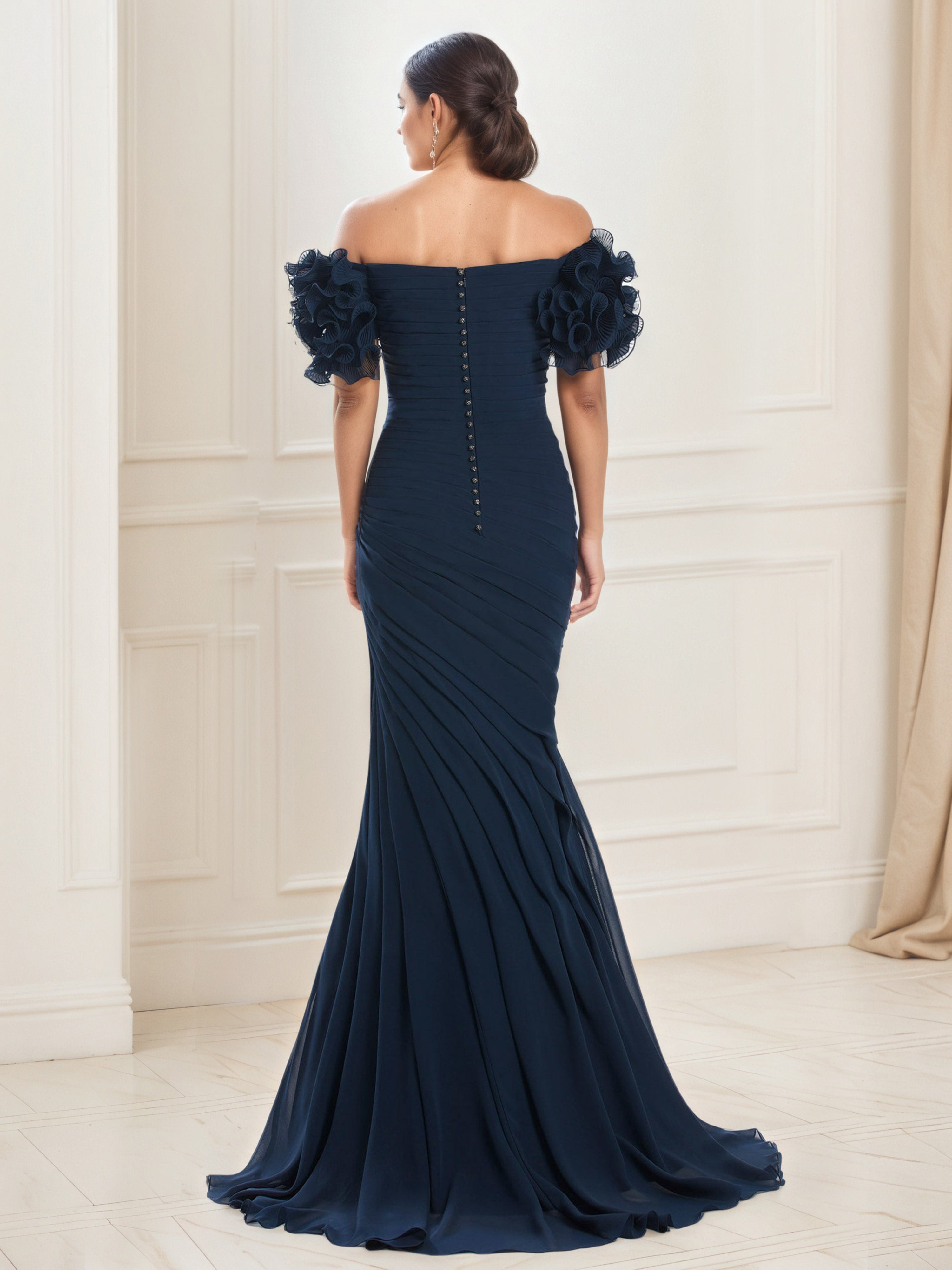 Trumpet/Mermaid Dark Navy Prom Dress Off The Shoulder Prom Dress with Ruffled Sleeves