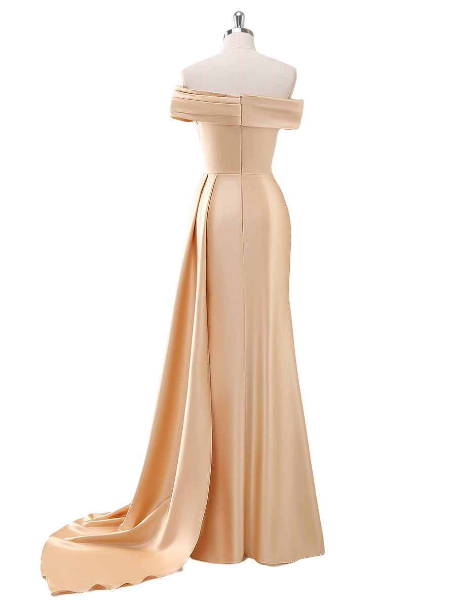 Cicinia Champagne Mother Of The Bride Dresses Stretch Satin Off The Shoulder Sheath Evening Dresses