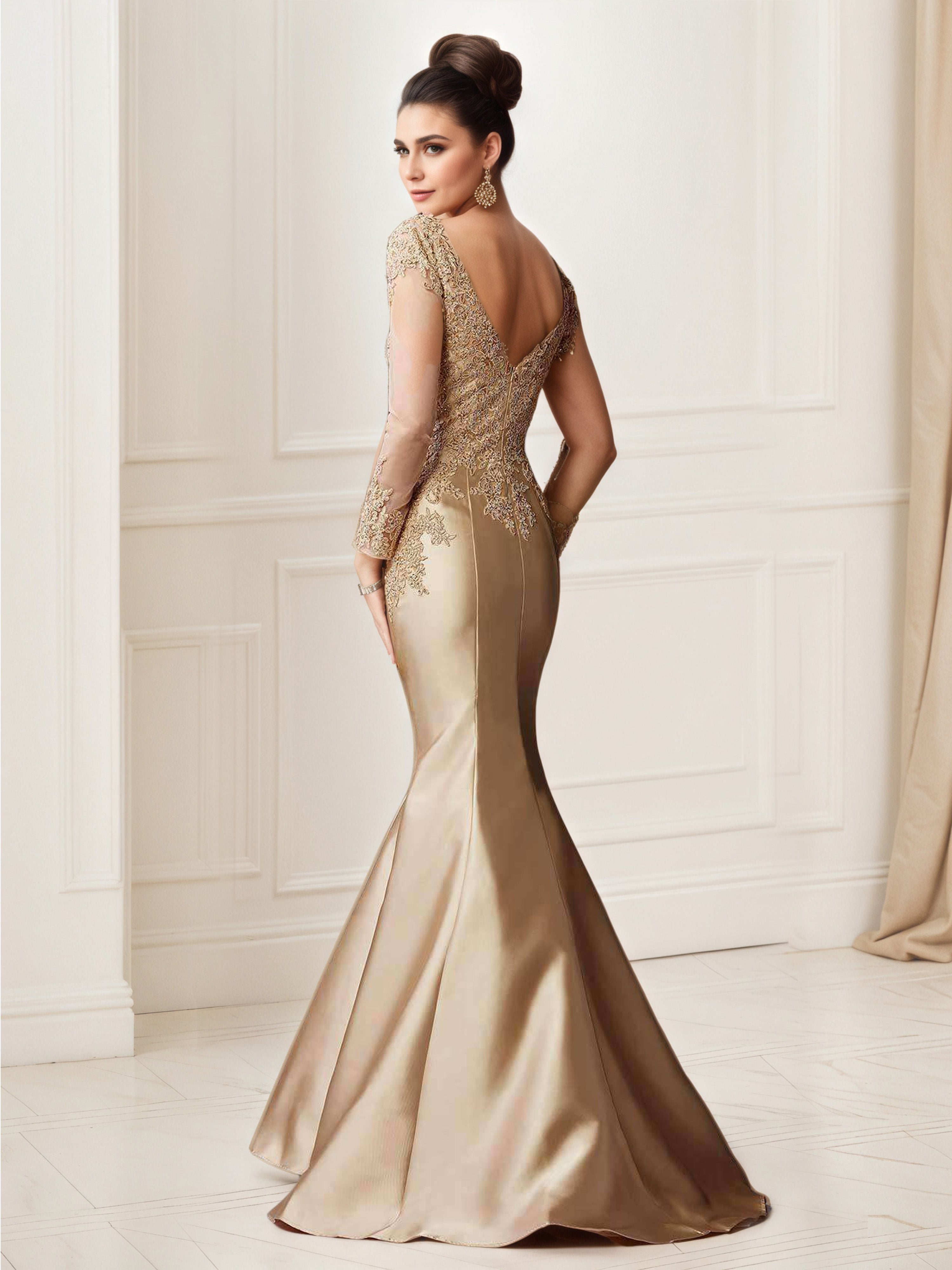Mermaid Gold Prom Dress Lace Bodice Long V-Neck Prom Dress Mermaid Gold Prom Dress Lace Bodice Long V-Neck Prom Dress