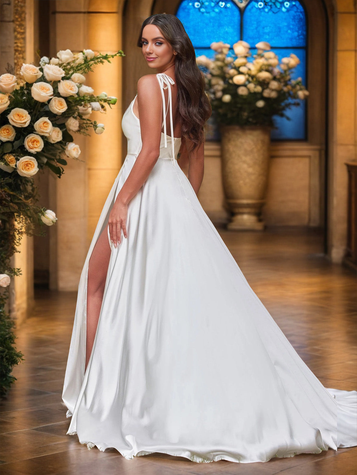 Cowl Spaghetti Straps Sleeveless Soft Satin Wedding Dress