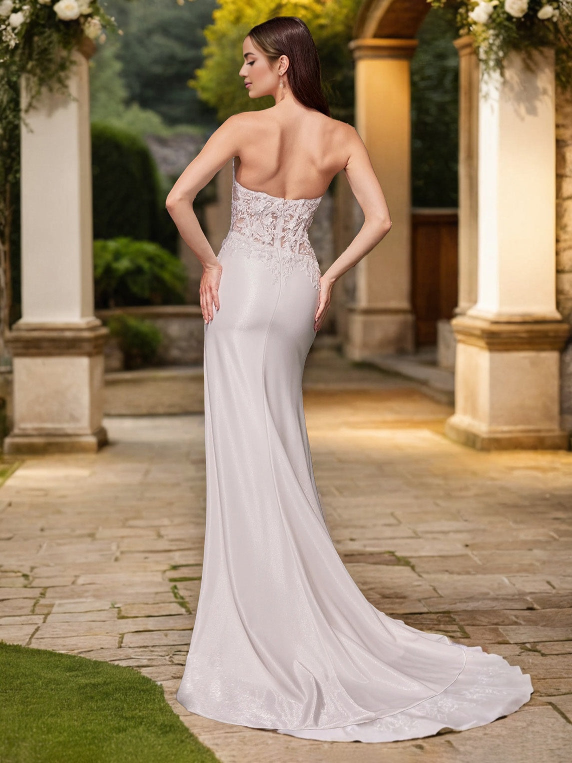 Sexy Mermaid Sweetheart Lace Bodice Stretch Satin Wedding Dress with High Slit