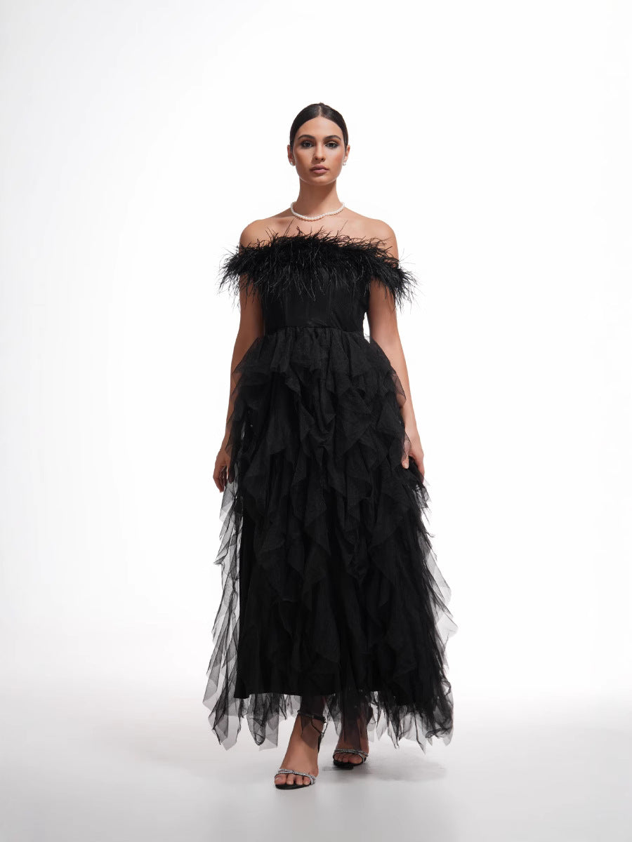 Elegant Strapless Black Ball Gown Backless Long Prom Dress