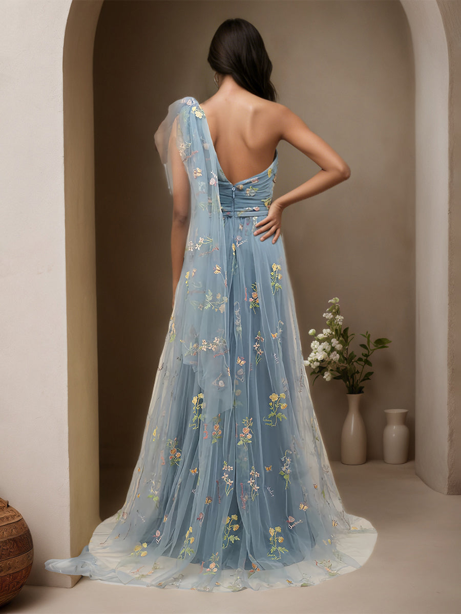 Cicinia Dusty Blue Prom Dresses Lace Tulle A-Line Sleeveless One Shoulder Long Evening Gown