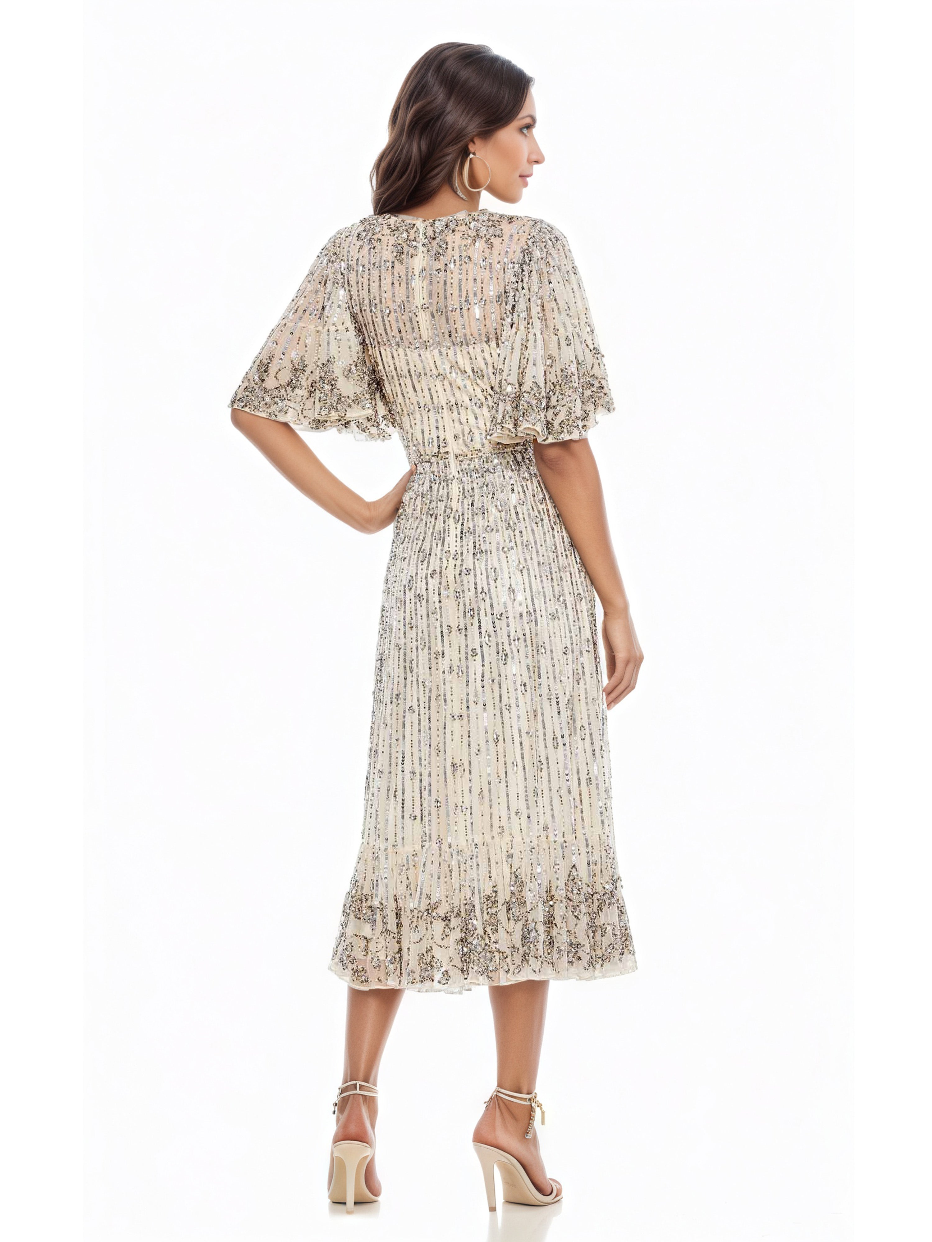 Embellished Flounce Sleeve Tea Length Silver Sequined Prom Dresses