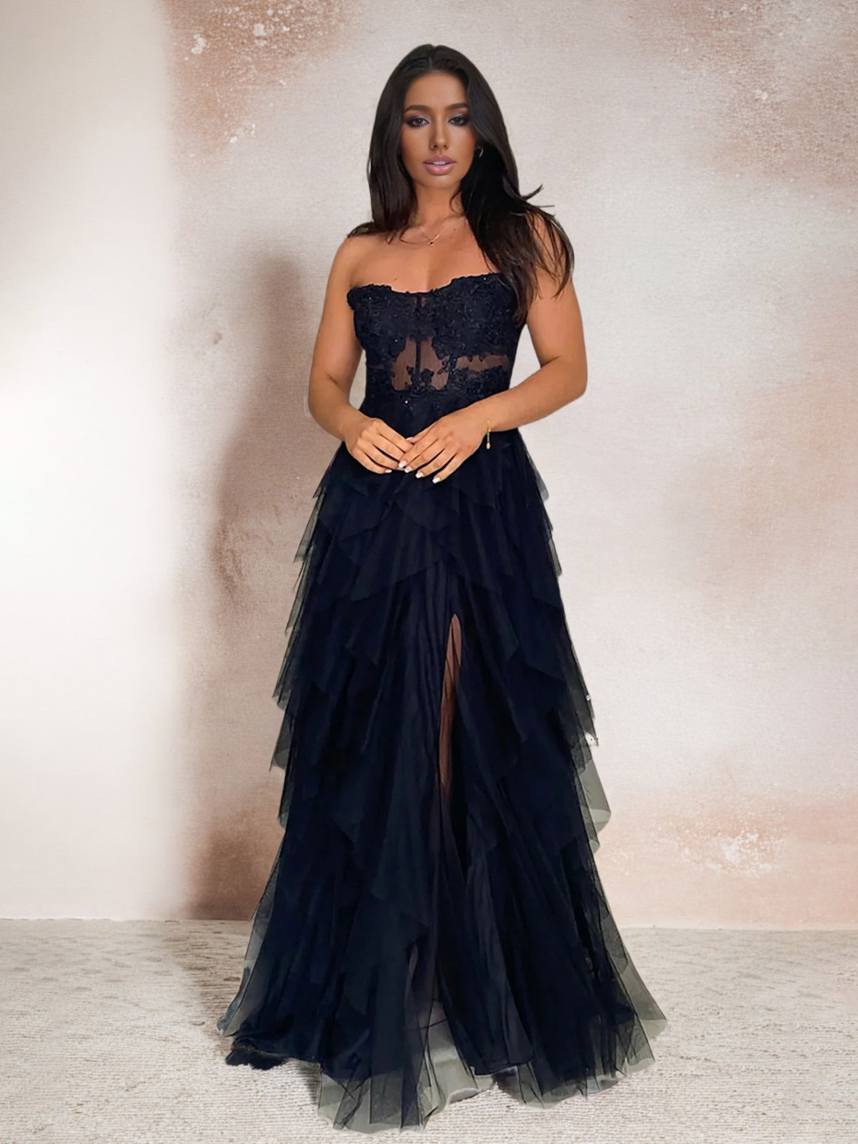 Black Maxi Prom Dress A Line Strapless Lace Top Tulle Puffy Prom Dress With Slit