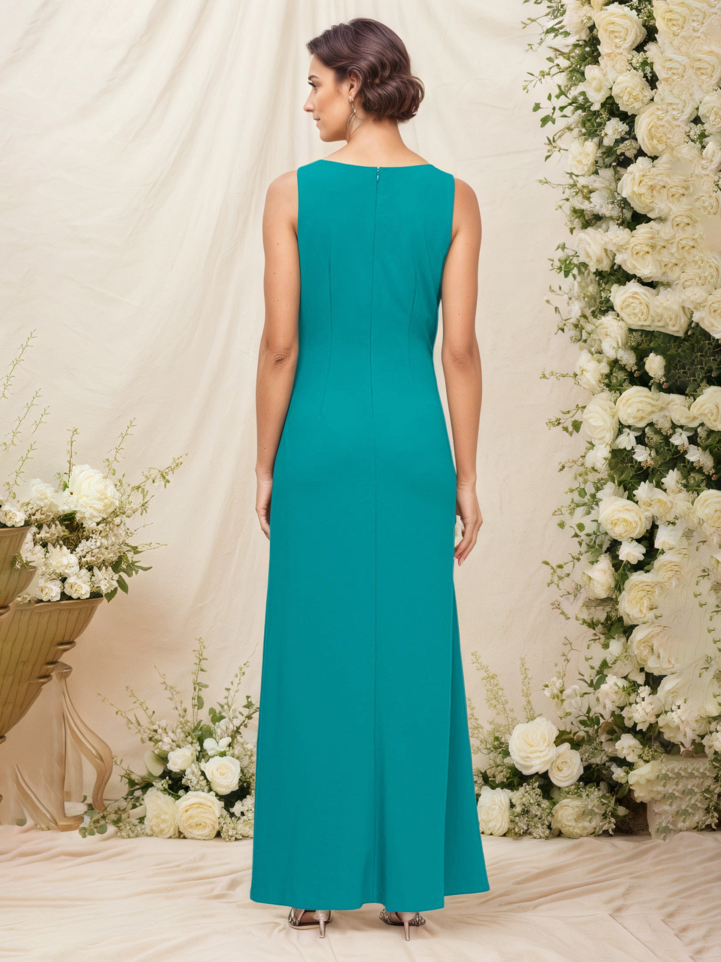 Jewel Sleeveless Jade Mother Of The Bride Floral Applique Ruched Gown