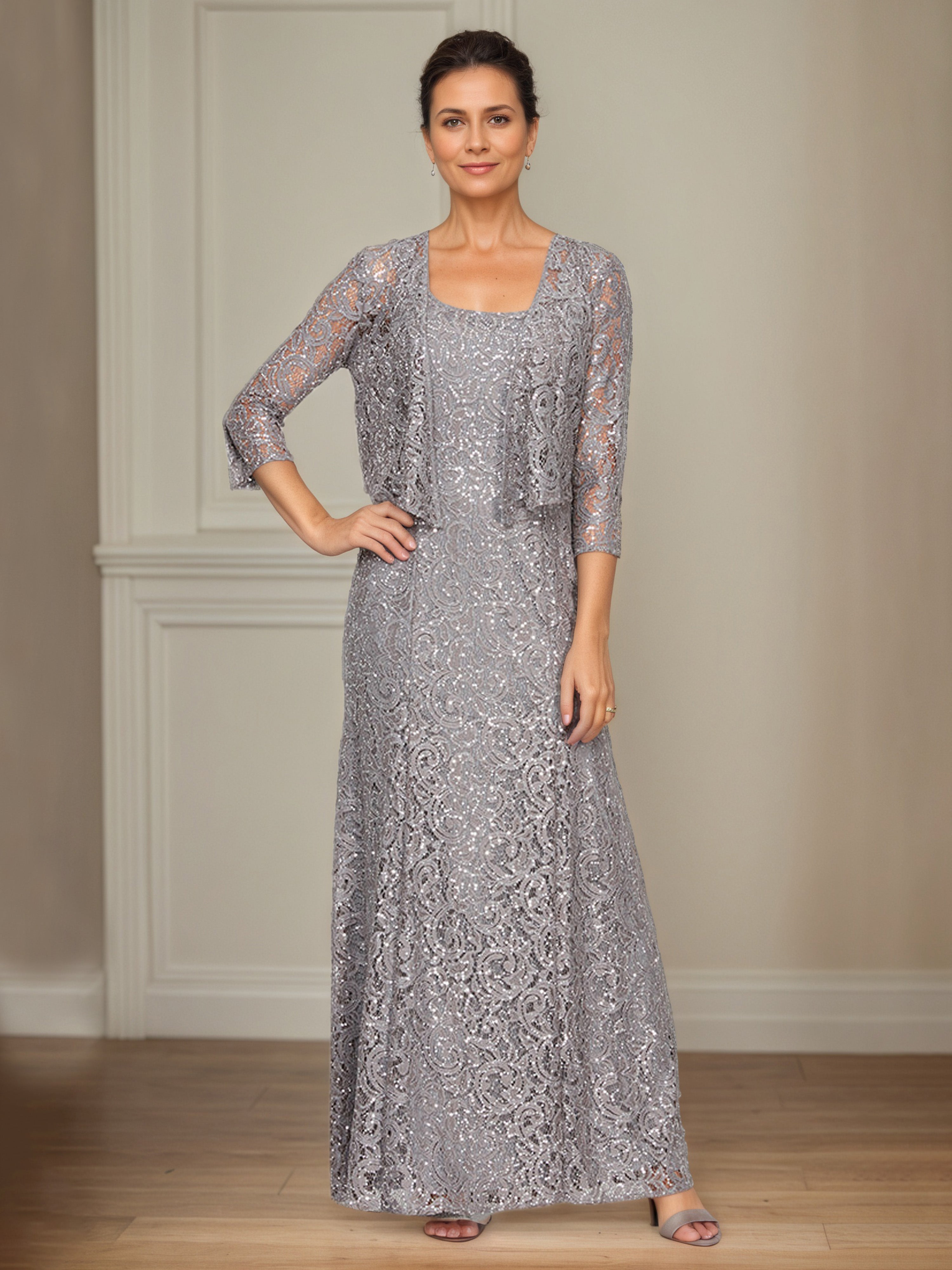 Grey Sequin Lace Long A-Line Mother Of The Bride Dress with 3/4 Sleeve Grey Sequin Lace Long A-Line Mother Of The Bride Dress with 3/4 Sleeve