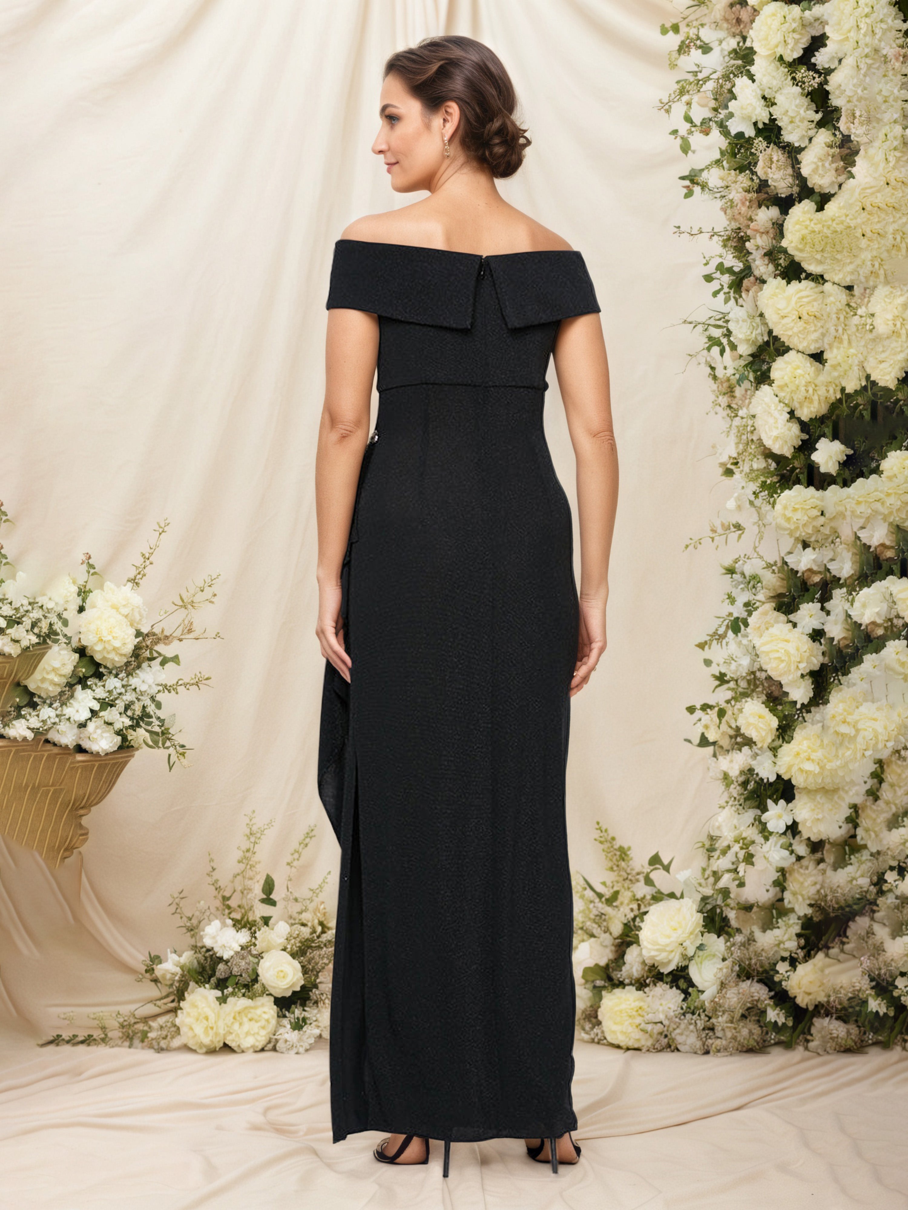 Black Cascade Ruffle Skirt Off The Shoulder Mother of the Bride Dress