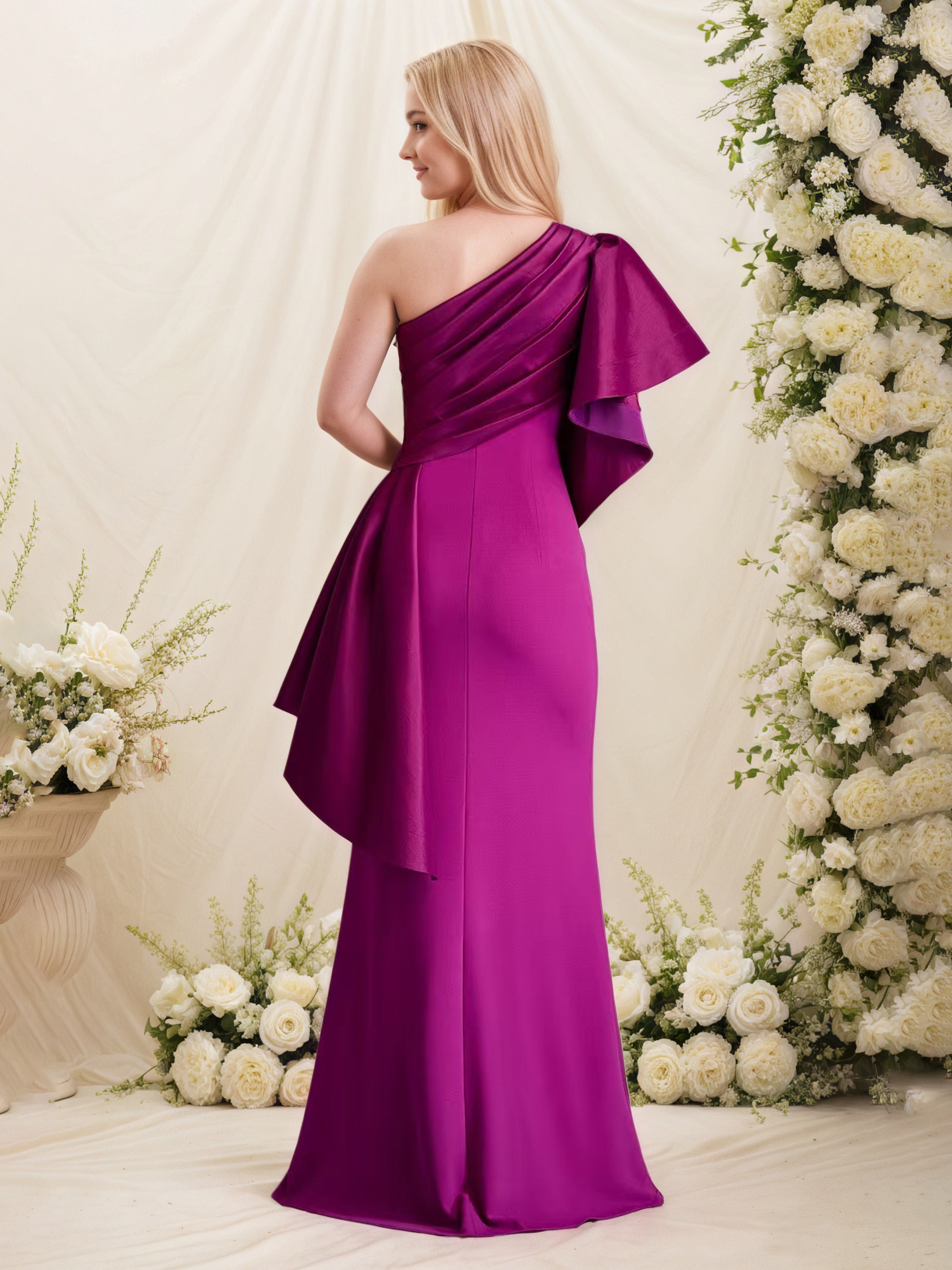 One Shoulder Sheath/Column Sleeves Stretch Satin Orchid Mother Of The Bride Dresses
