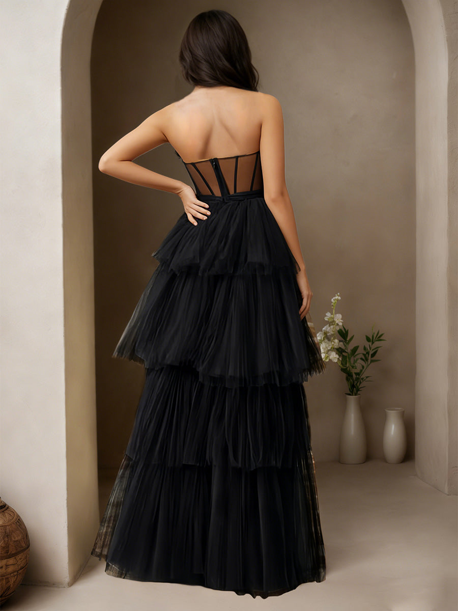 Cicinia Black Prom Dresses Tulle Strapless Notched A-Line Layers Slit Long Evening Gown