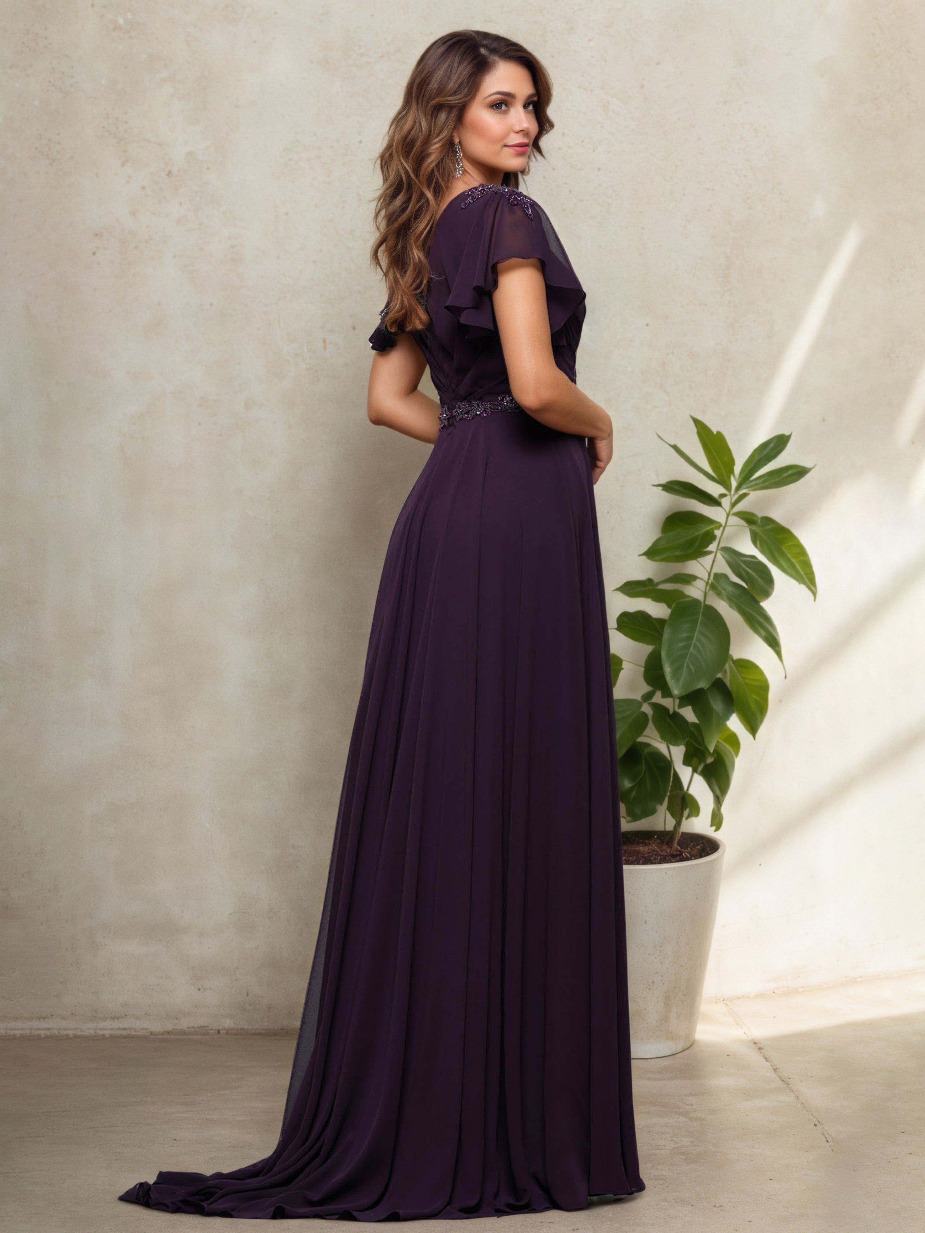 V-Neck Short Sleeves Beading Aubergine Mother Of The Bride Dress