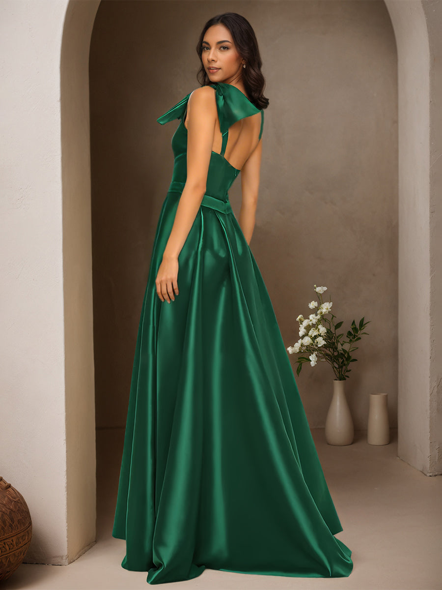 Cicinia Burgundy Prom Dresses Satin A-Line with Bowknot One Shoulder Long Evening Gown