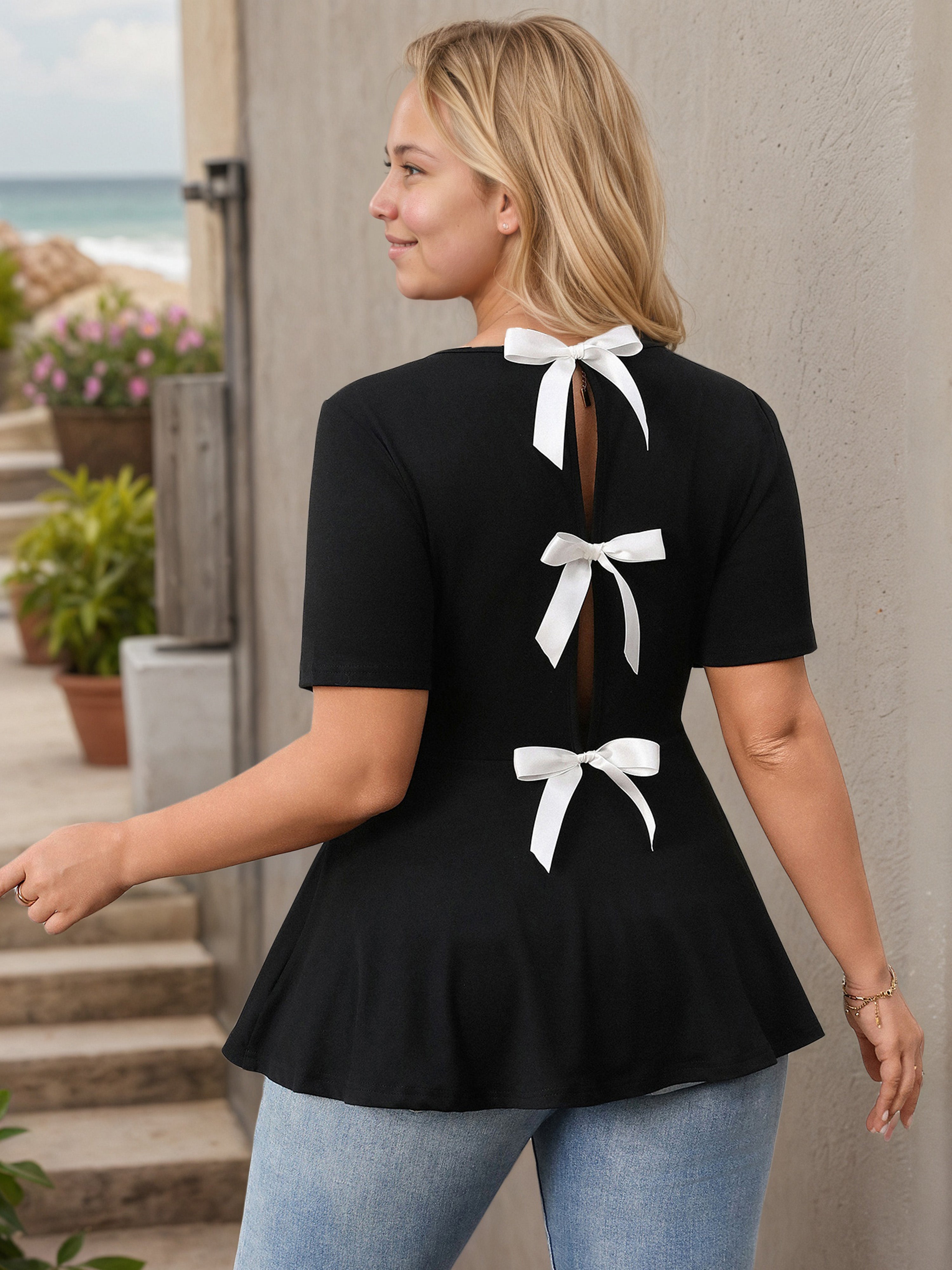 Black Round Neck Ruffle Hem Plus Size Blouse with Bowknot Back