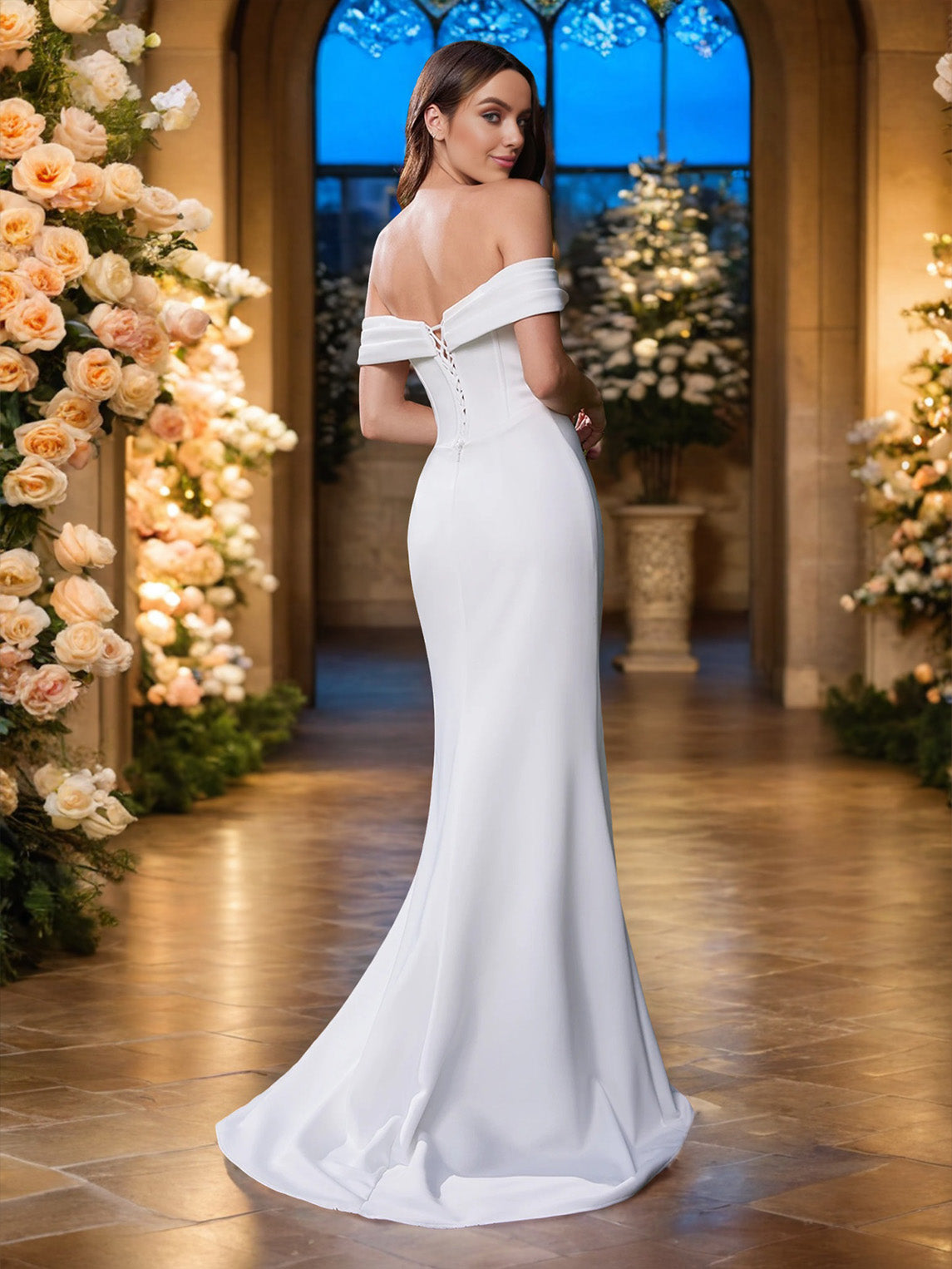 Sweep/Brush Train Off The Shoulder Sheath/Column Wedding Dress With Split