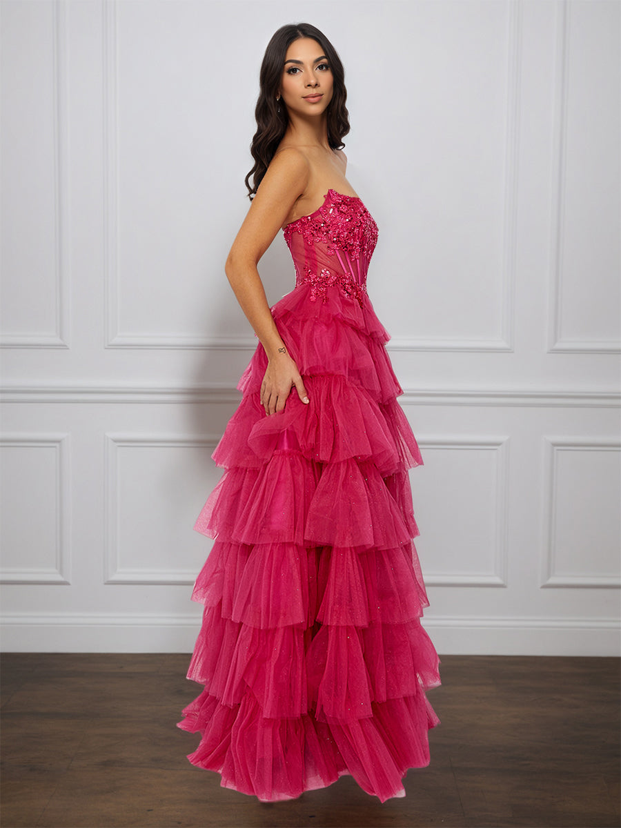 Cicinia Fuchsia Prom Dresses Tulle Layered Slit Sleeveless A-Line Evening Gown