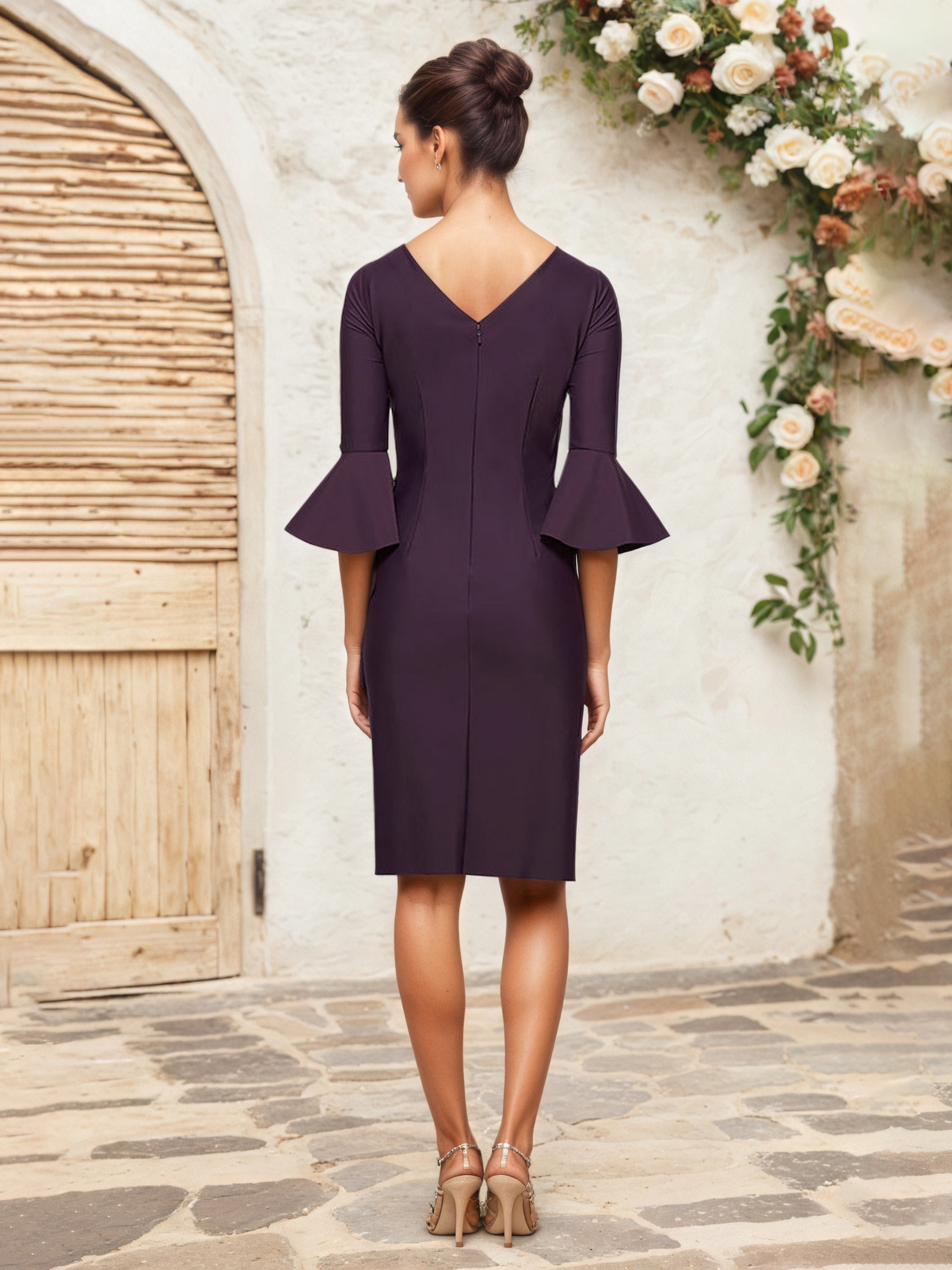 Jewel Sheath/Column Ruffle Sleeves Knee Length Grape Mother Of The Bride Dress