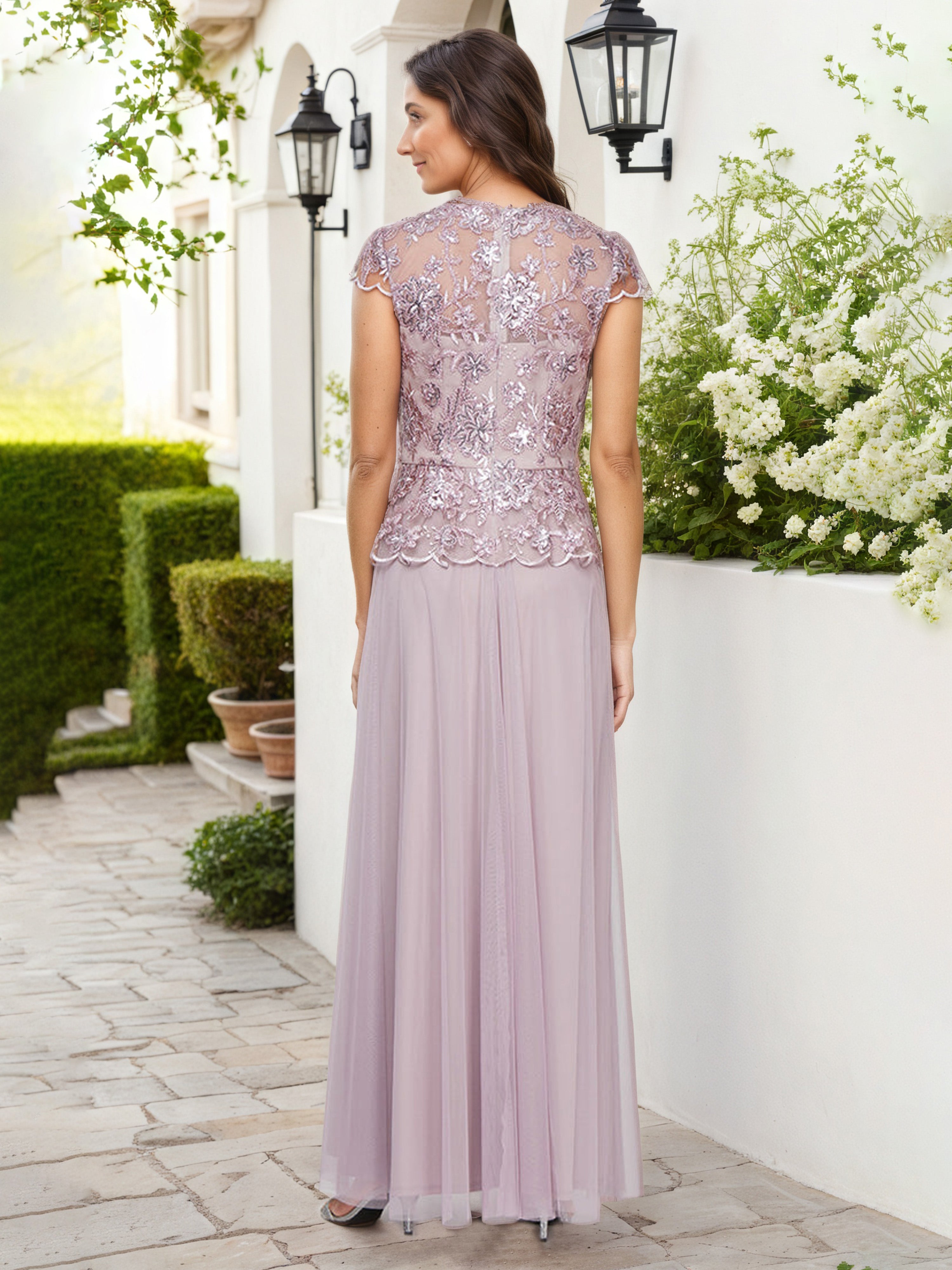 Long Embroidered Mock Dress Cap Sleeves V-Neck Wisteria Mother Of The Bride Dress