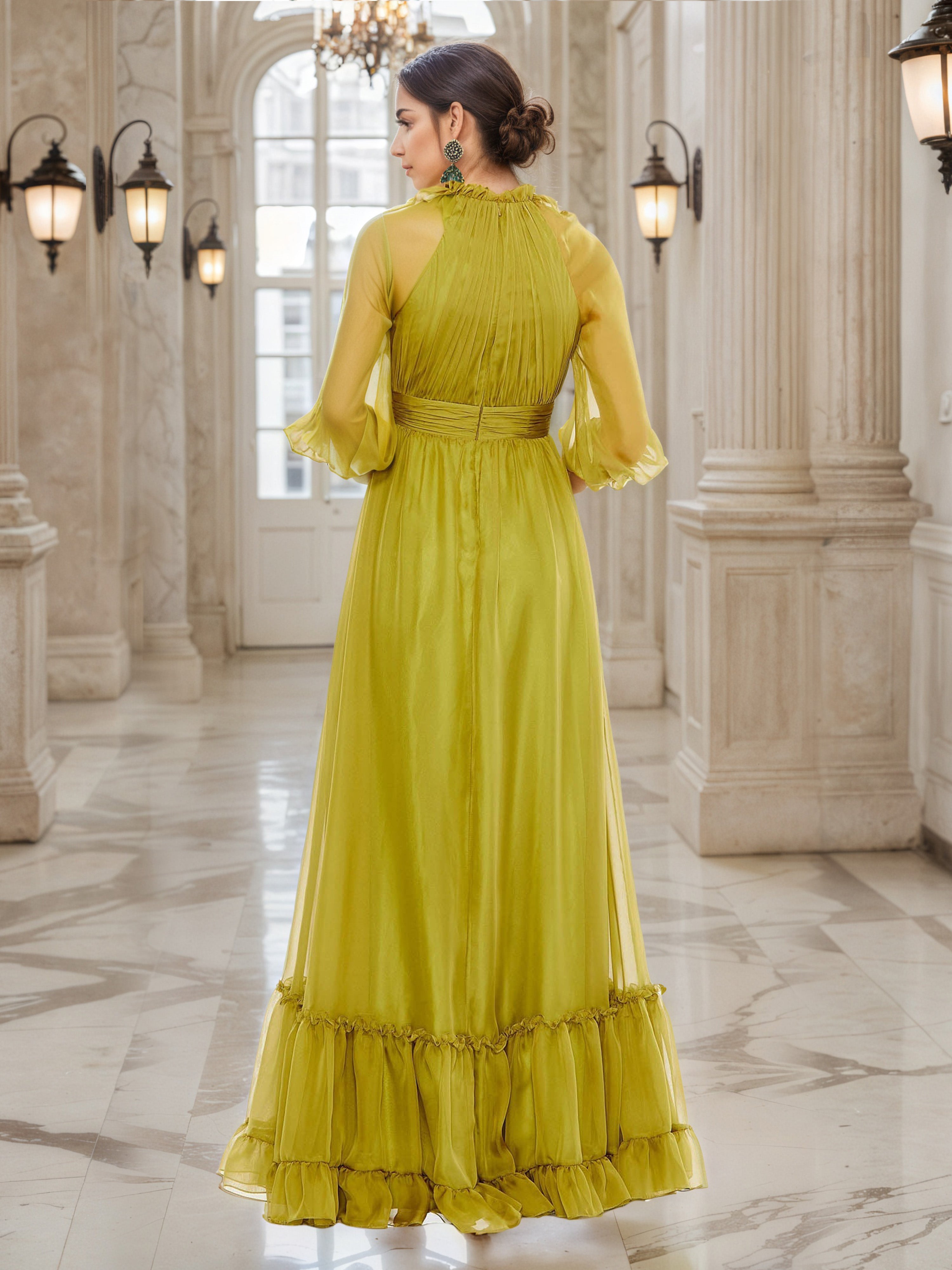 A-Line Sheer Sleeves Chiffon Long Prom Dress