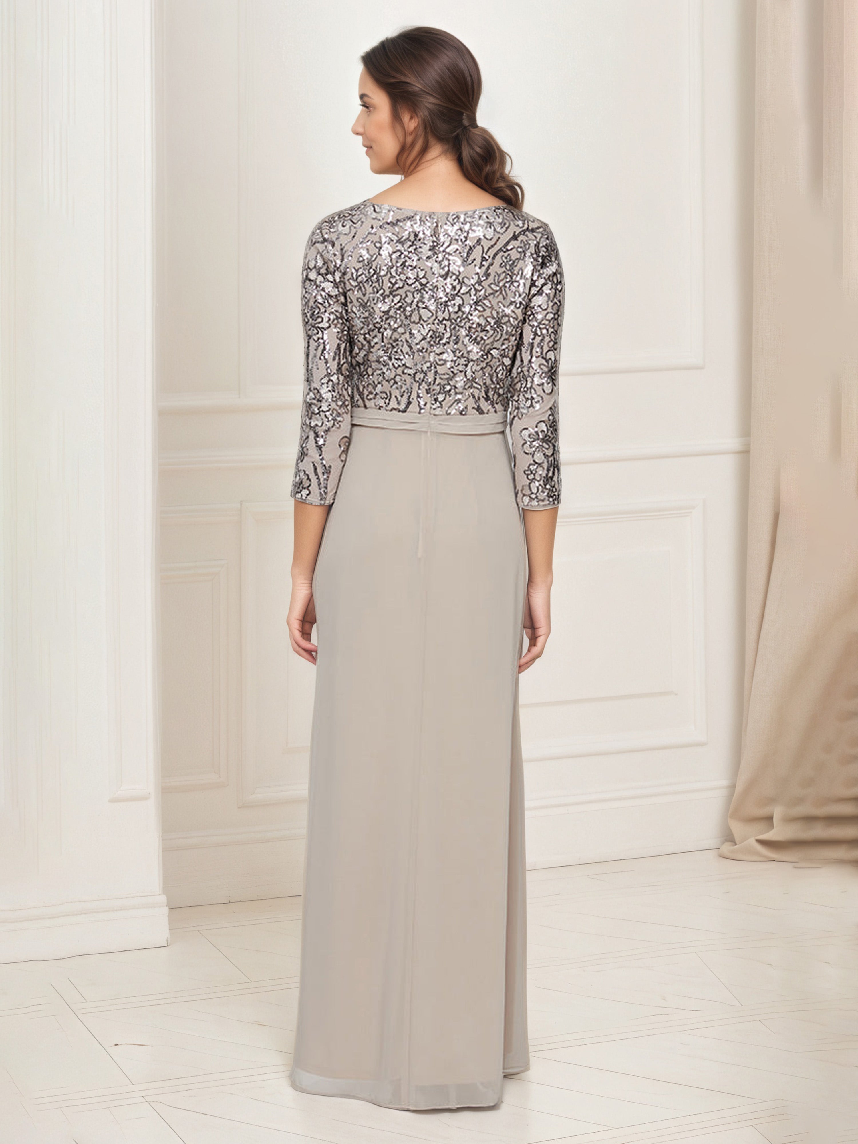 A-Line Sequins Bodice V-Neck 3/4 Sleeves Taupe Chiffon Mother Of The Bride Dress