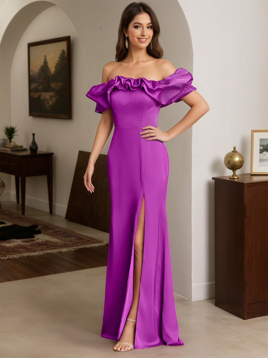Cicinia Purple Prom Dresses Stretch Satin Sheath Ruffle Neckline Off The Shoulder Floor Length