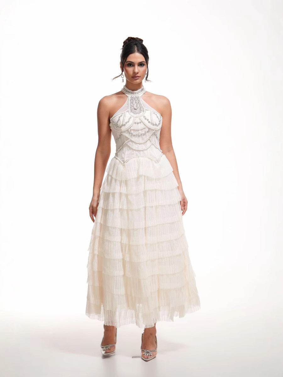 Halter Sleeveless Back Zip Apricot Layers Beading Long Prom Dress