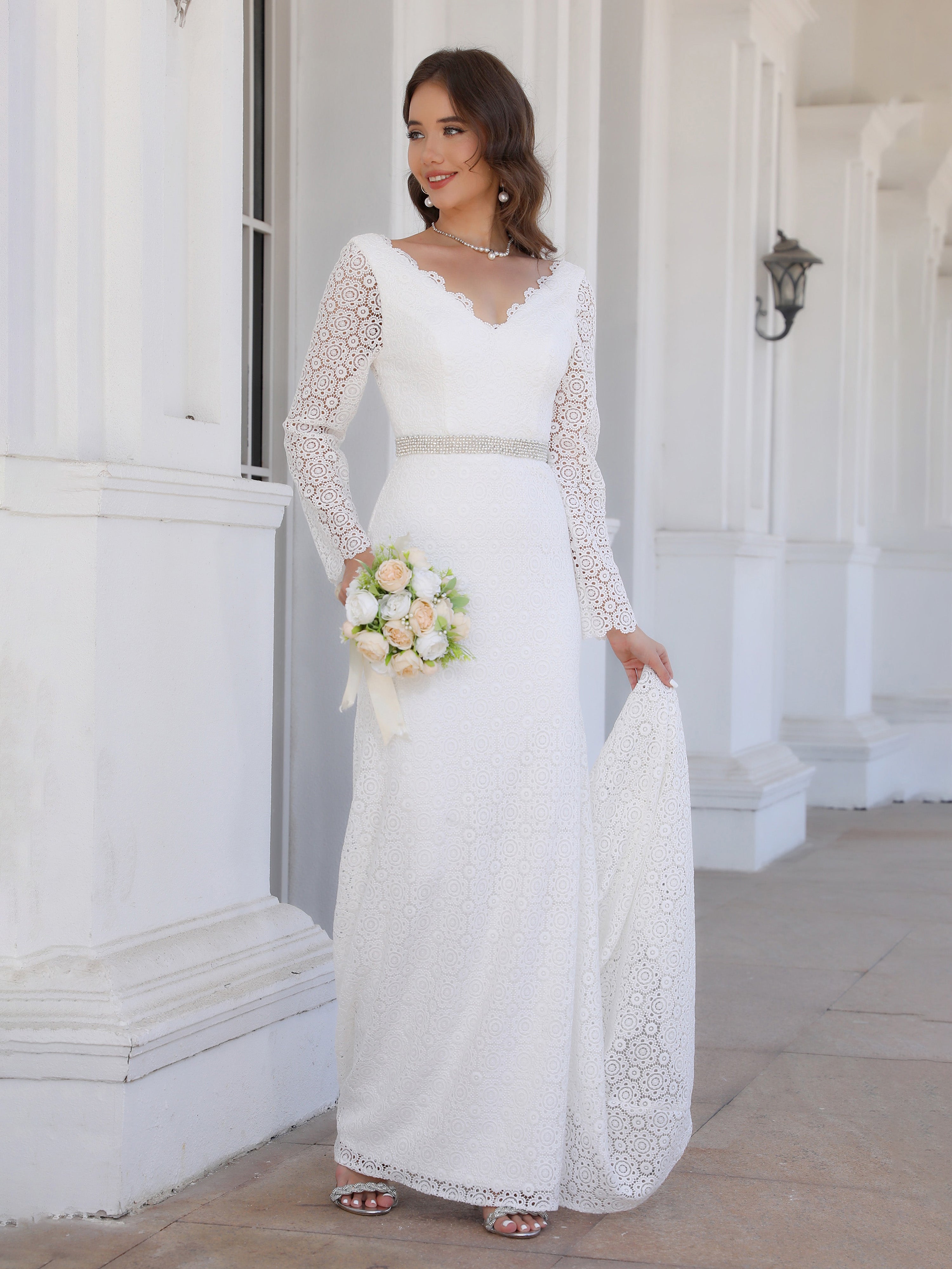 Sweep/Brush Train Long Sleeves Lace Sheath/Column Wedding Dress With Beading