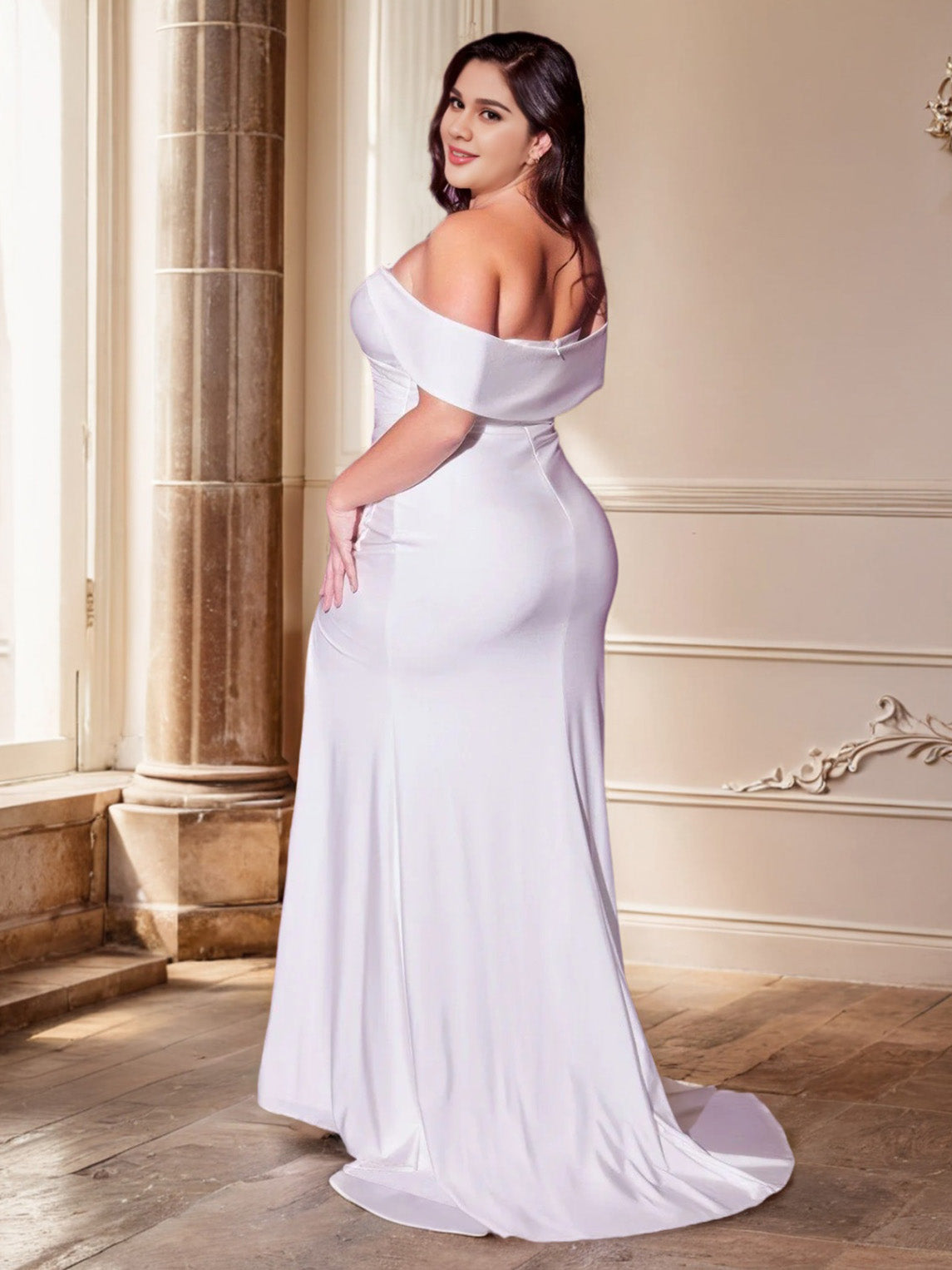 Sheath/Column Sweep/Brush Train Off The Shoulder Stretch Satin Wedding Dress
