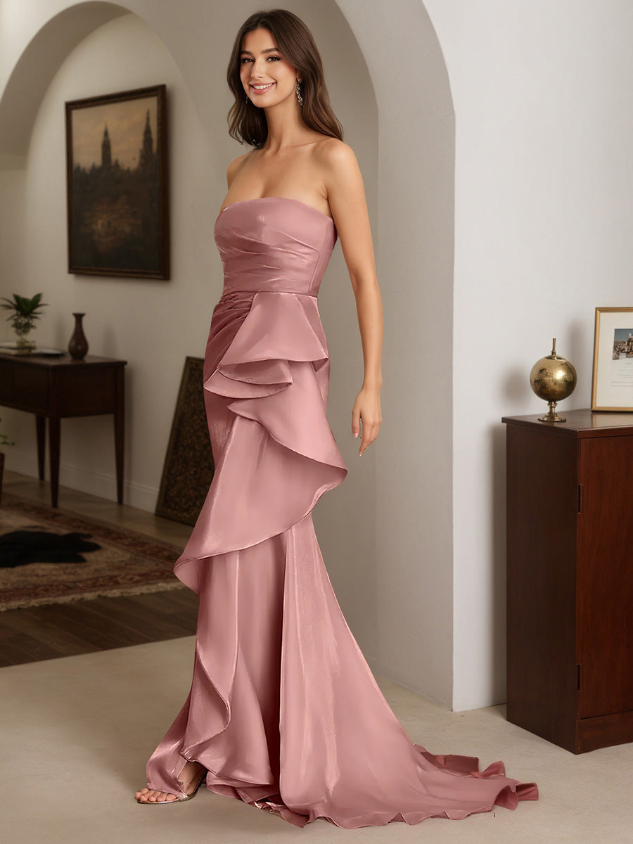 Cicinia Cameo Brown Prom Dresses Strapless Sheath Slit Party Dress with Sweep Train