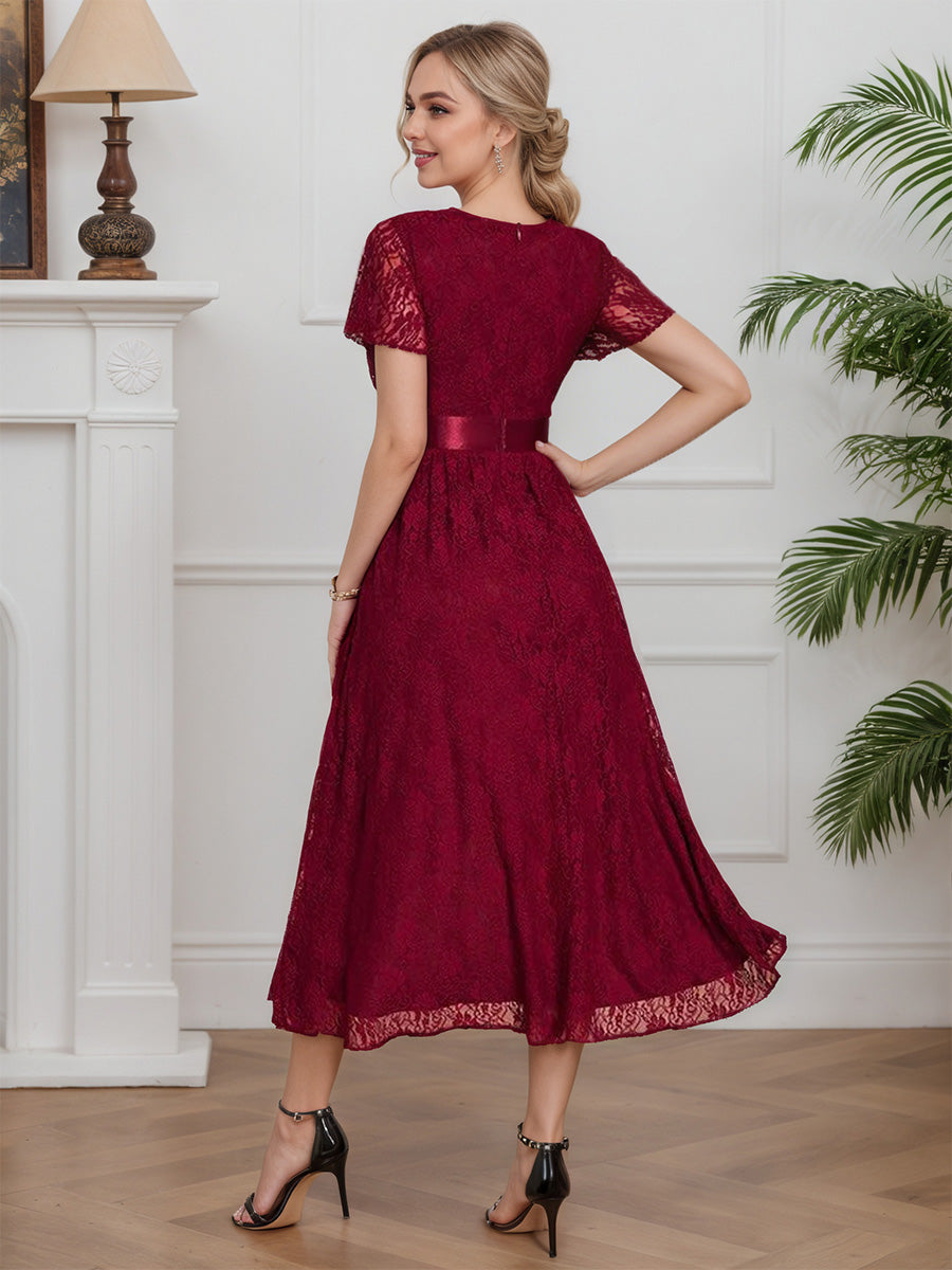 Cicinia Burgundy Mother Of The Bride Dresses Lace A-Line Tea Length Chic Short Sleeves