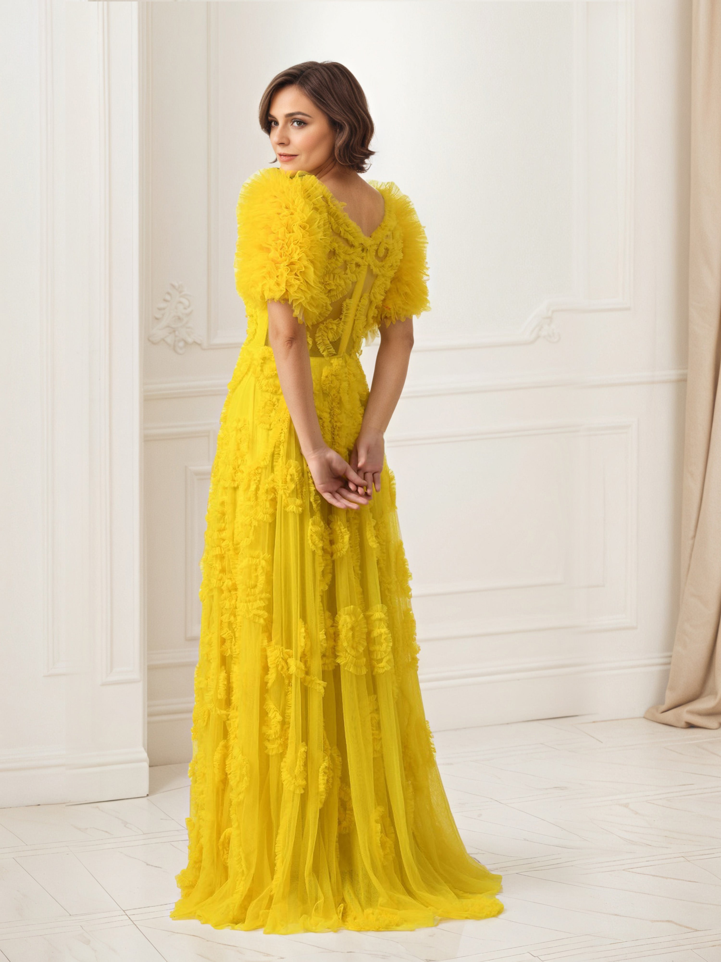 Yellow Prom Dresses Flower Tulle Long A Line Prom Dress