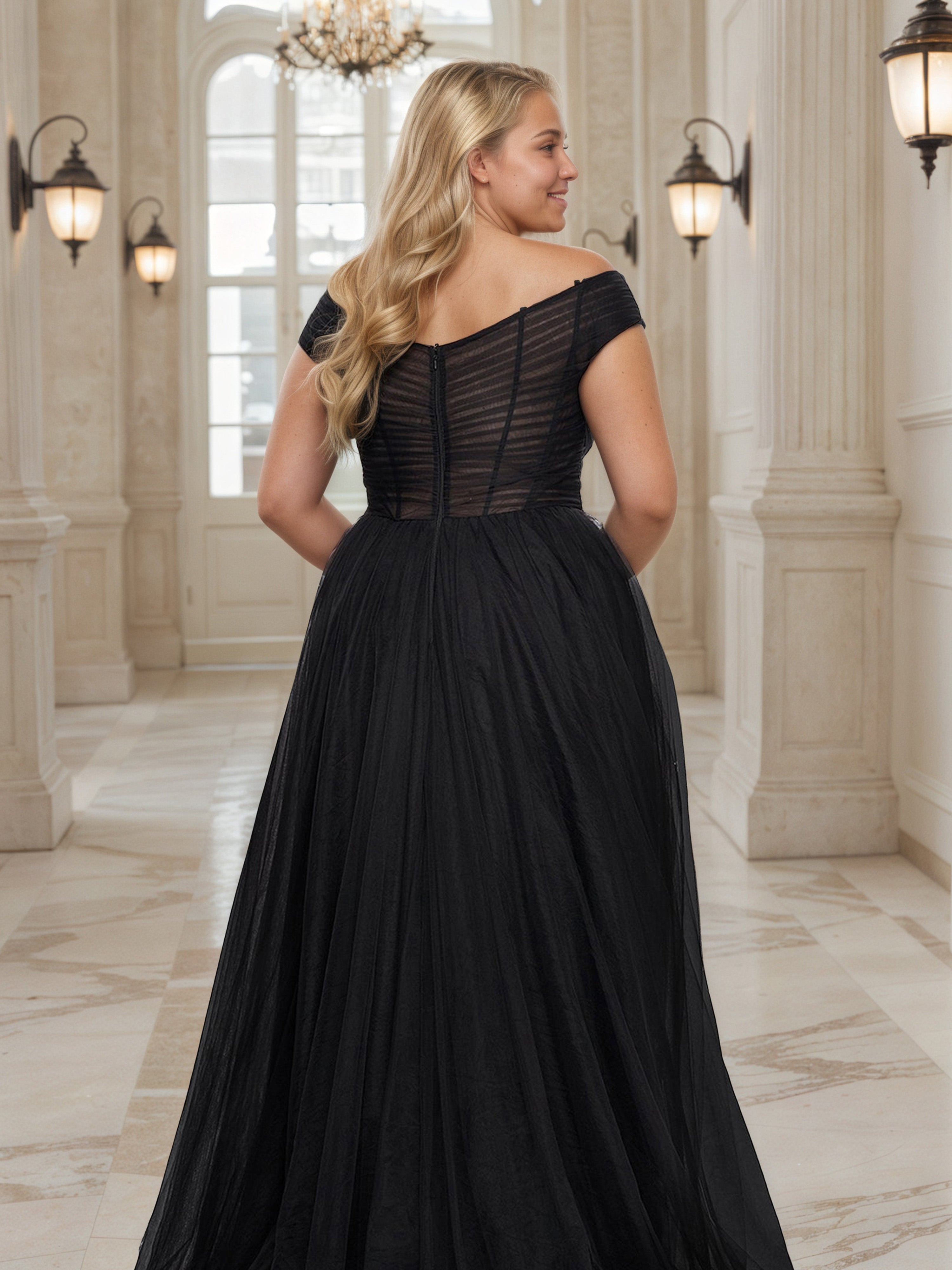 Off The Shoulder Prom Dress Pleats A-Line Black Plus Size Dress