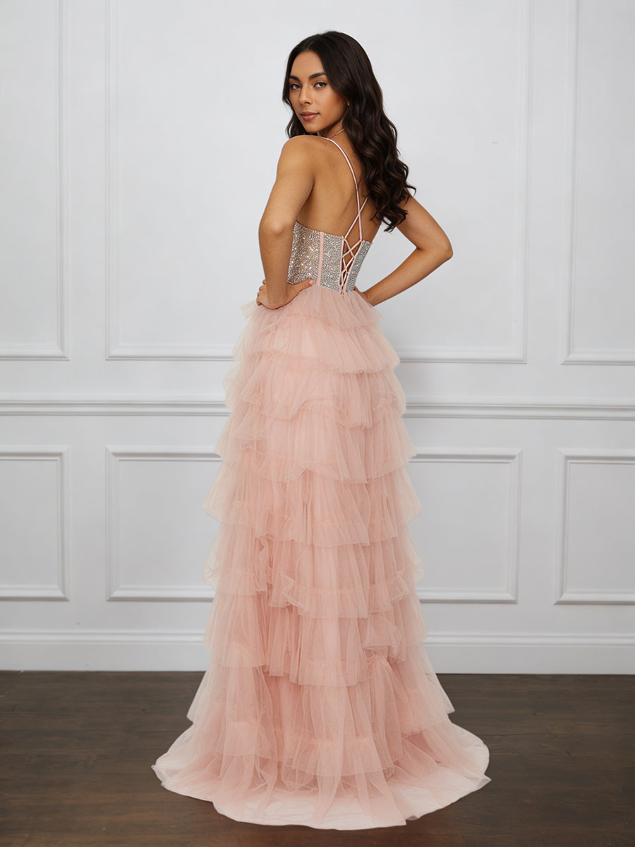 Cicinia Pearl Pink Prom Dresses Tulle Spaghetti Straps Layered Slit Long A-Line Evening Gowns