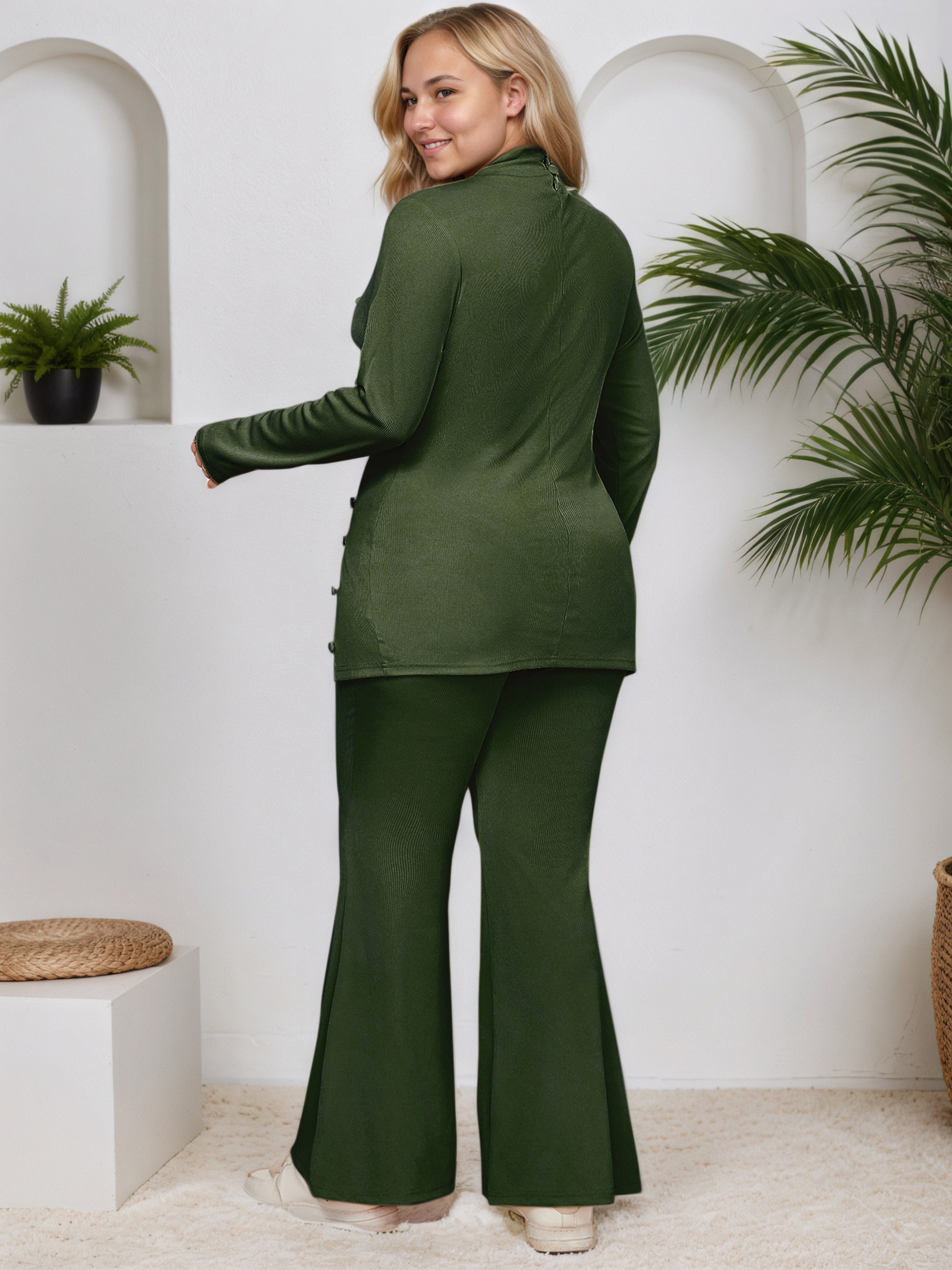 Sheath High Neck Dark Olive Green Long Sleeves Plus Size Suits