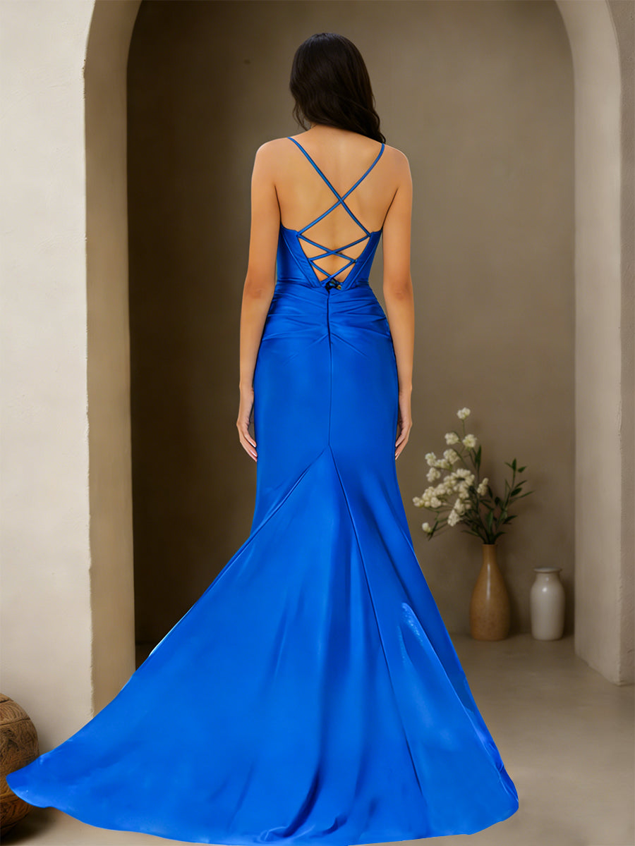 Cicinia Royal Blue Prom Dresses Stretch Fabric Sheath Spaghetti Straps Backless Long Evening Gown