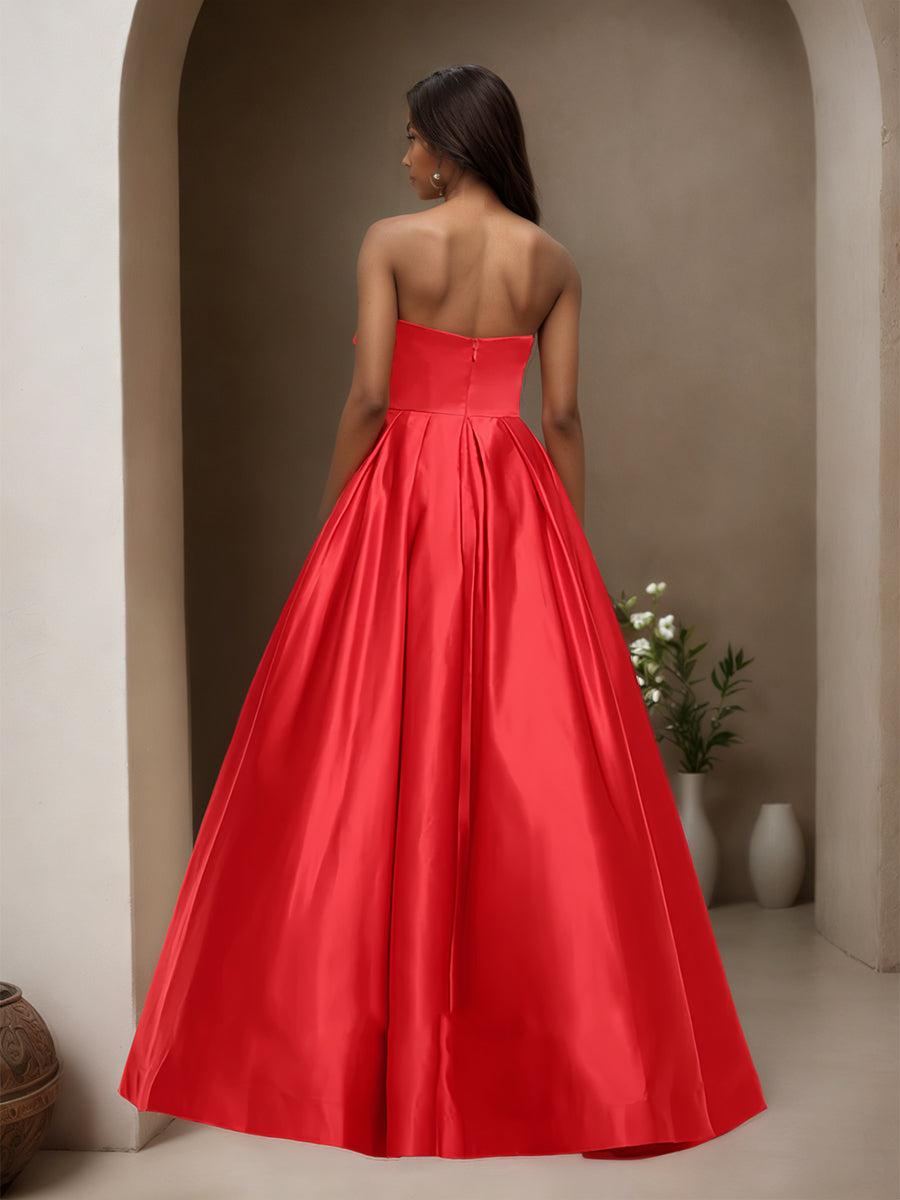 Cicinia Red Prom Dresses Satin A-Line Notched Strapless with Bowknot Floor Length Gowns