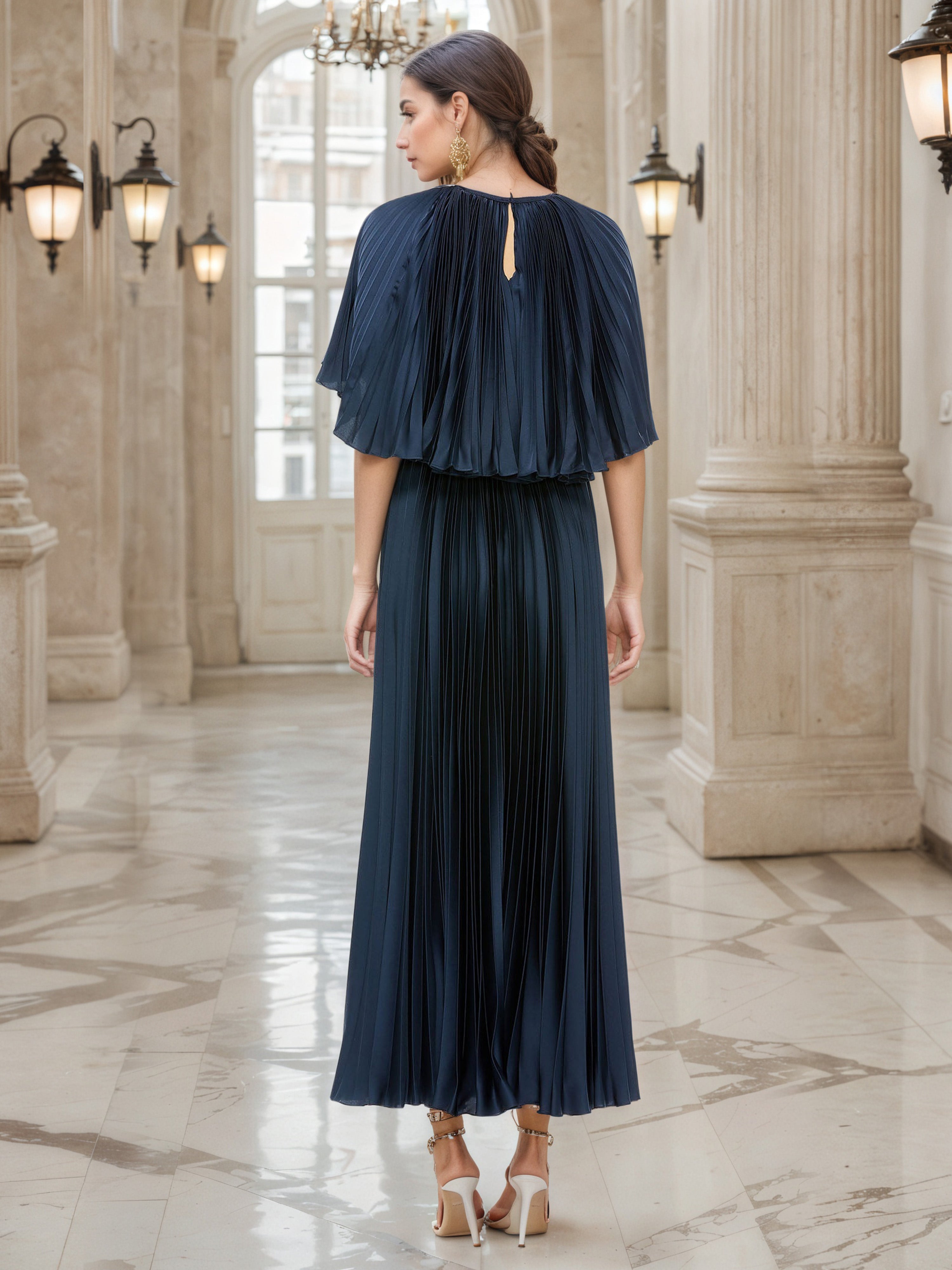 A-Line Dark Navy Prom Dress UK Pleated Cape Maxi Prom Dress