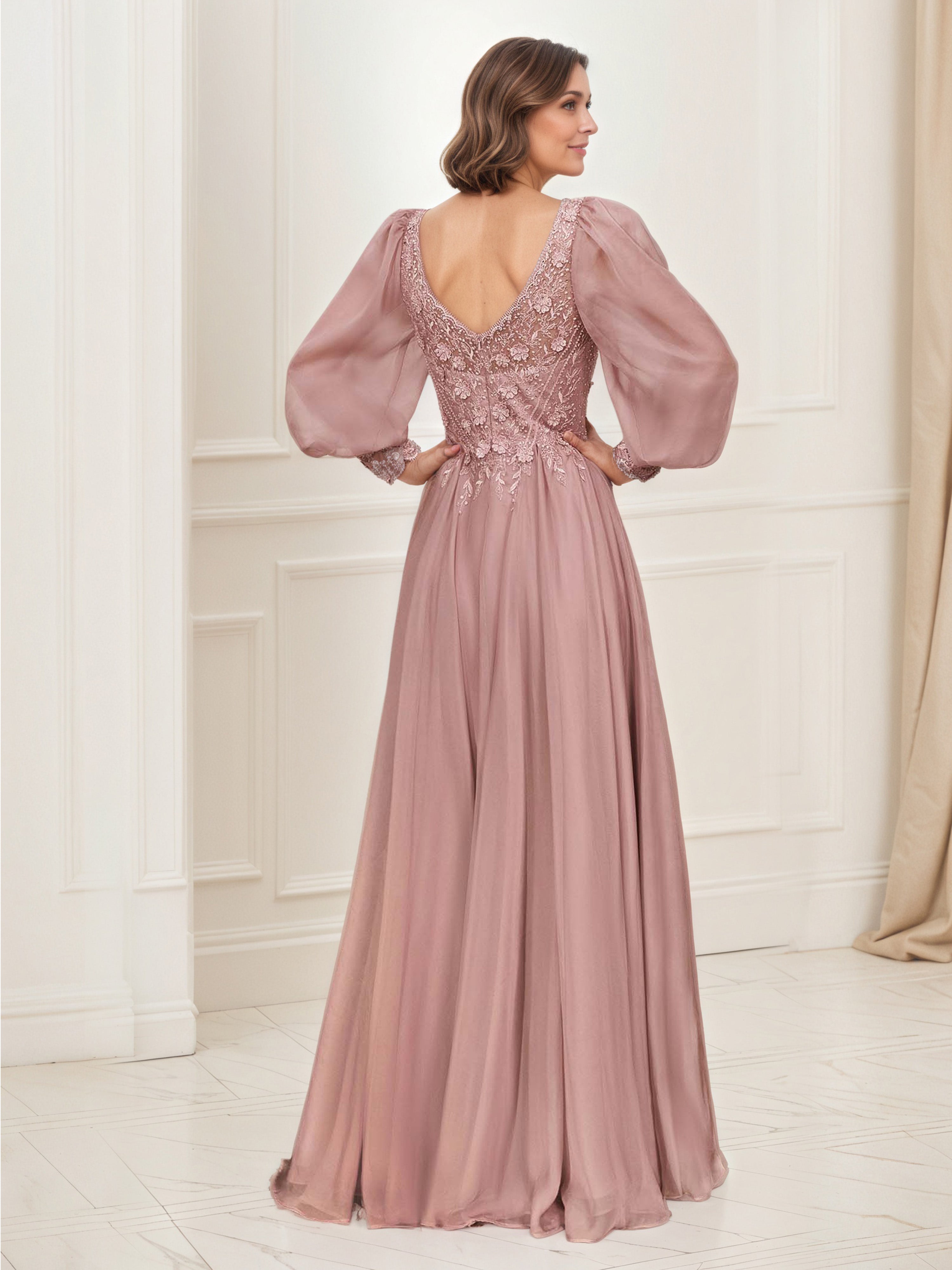 Vintage Mauve Prom Dresses Laces Appliques V Neck Long Sleeve Chiffon Prom Dress