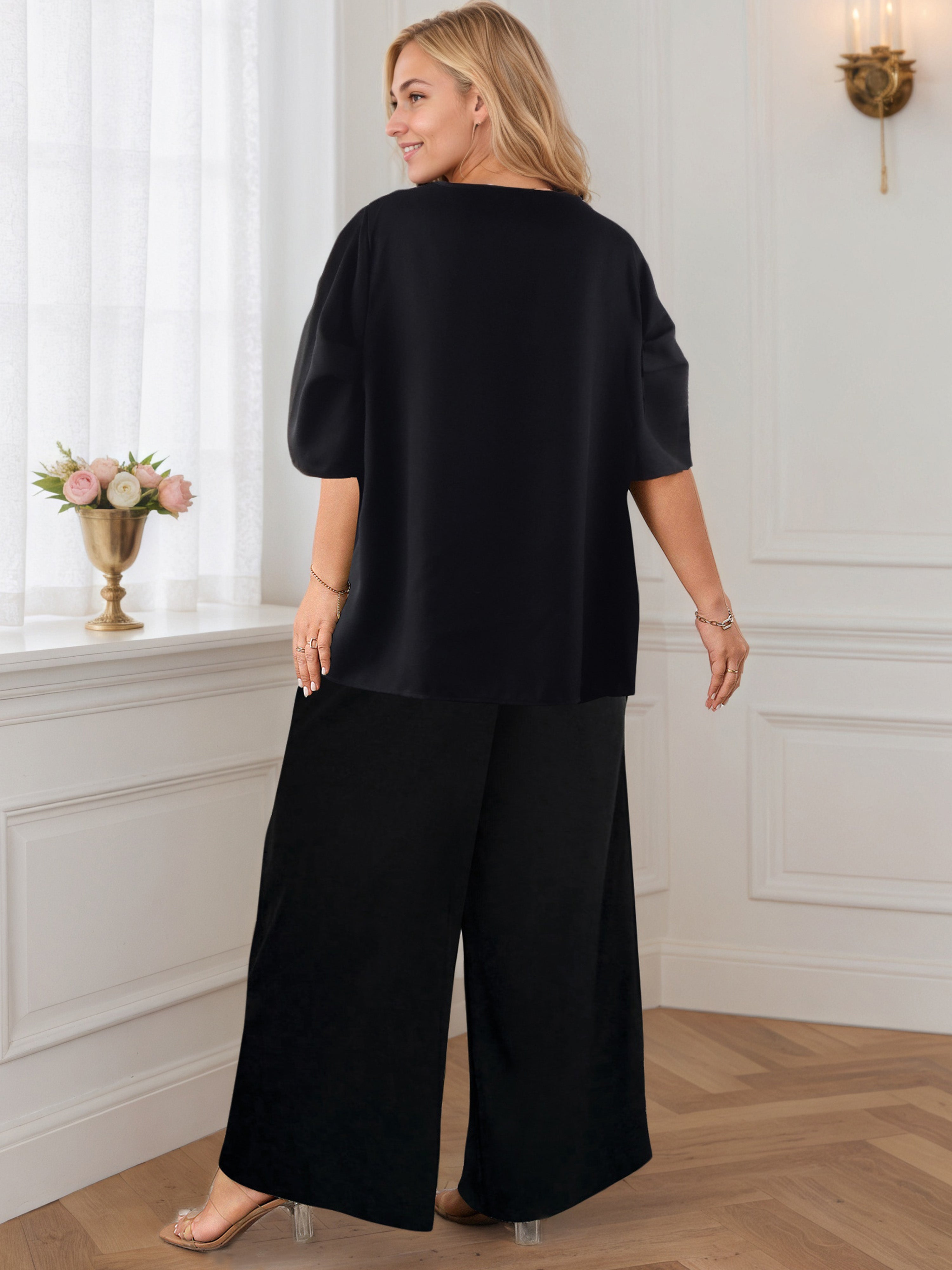 Black Wide Leg Loose Plus Size Suits