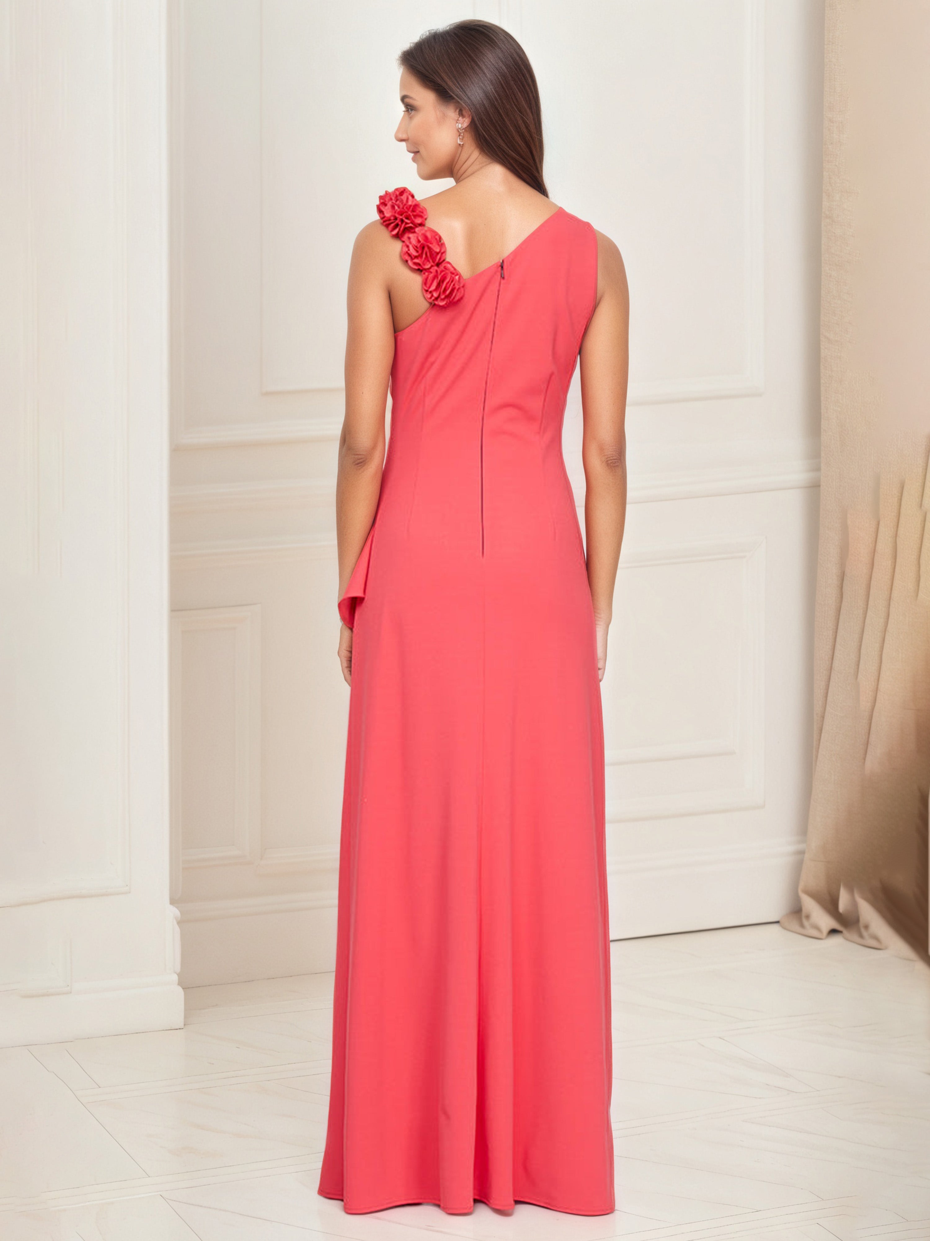 Chic Flower Strap Detail Ruffles Long Watermelon Mother Of The Bride Dress