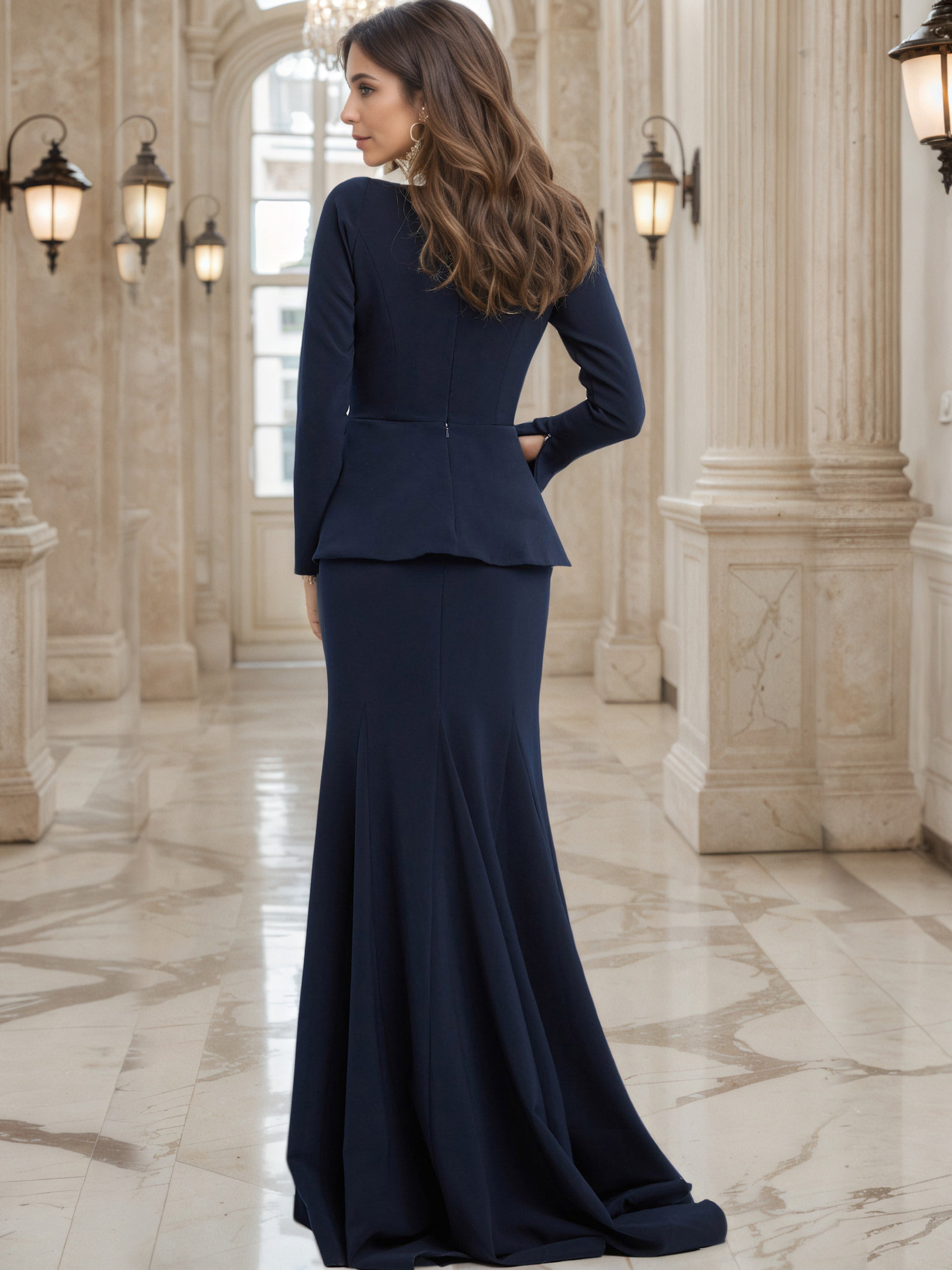 Elegant Dark Navy Prom Dresses Ruffles Bodice Sweep/Brush Train Long Sleeves Prom Dress