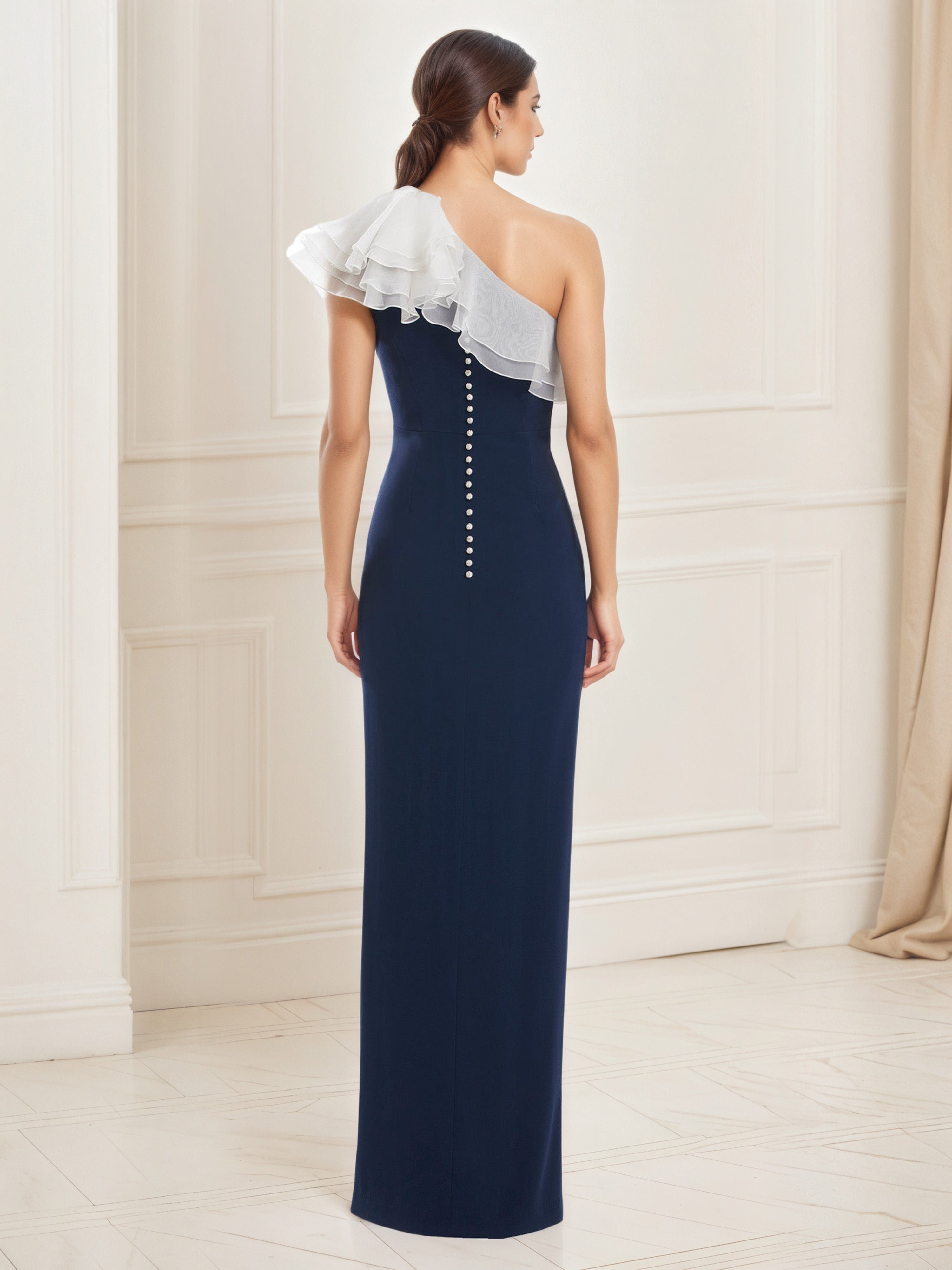 White and Navy Prom Dresses Ruffles One Shoulder Neckline Fitted Prom Dress