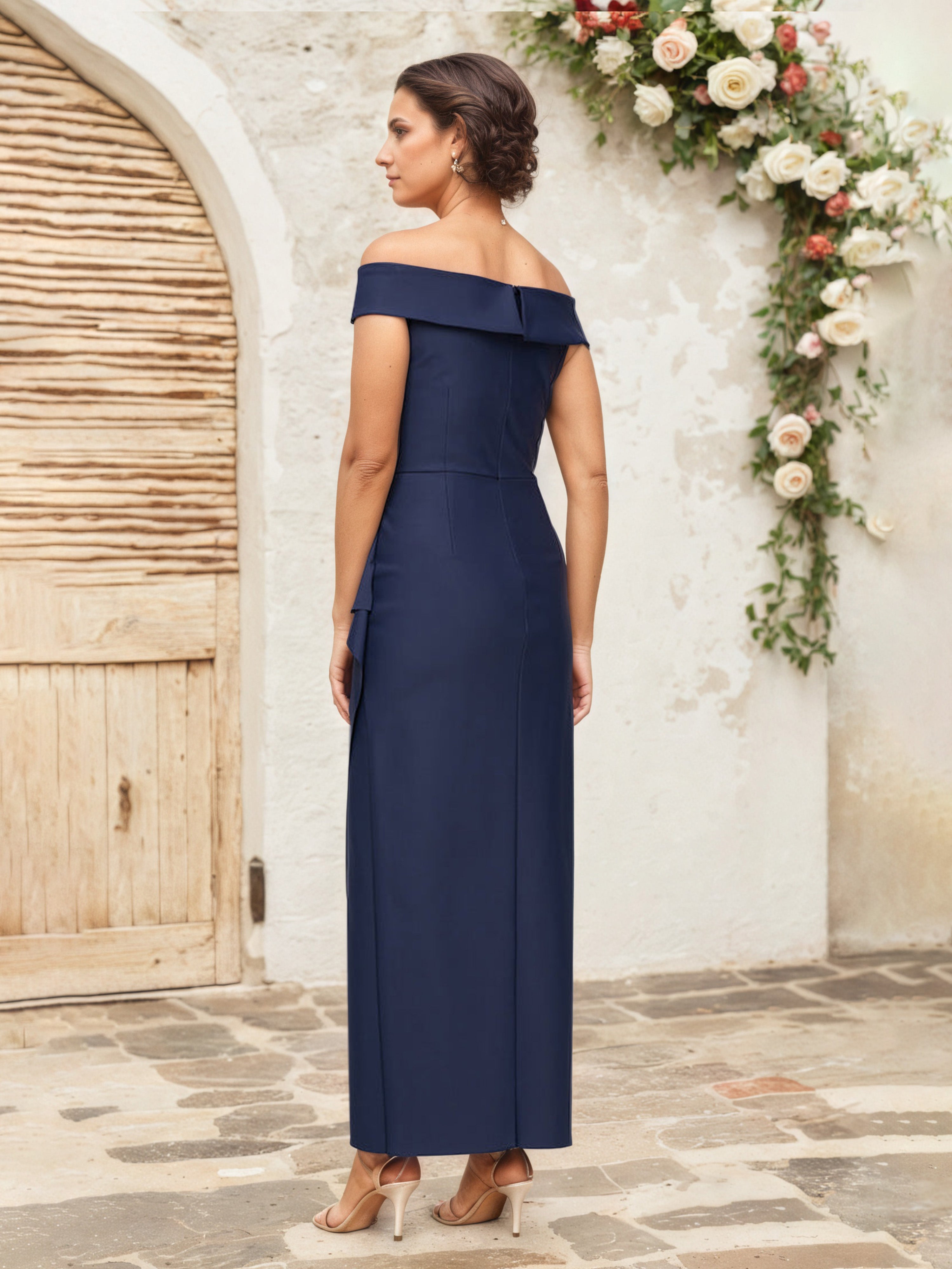 Off The Shoulder Sheath/Column Dark Navy Mother Of The Bride Dress With Beading