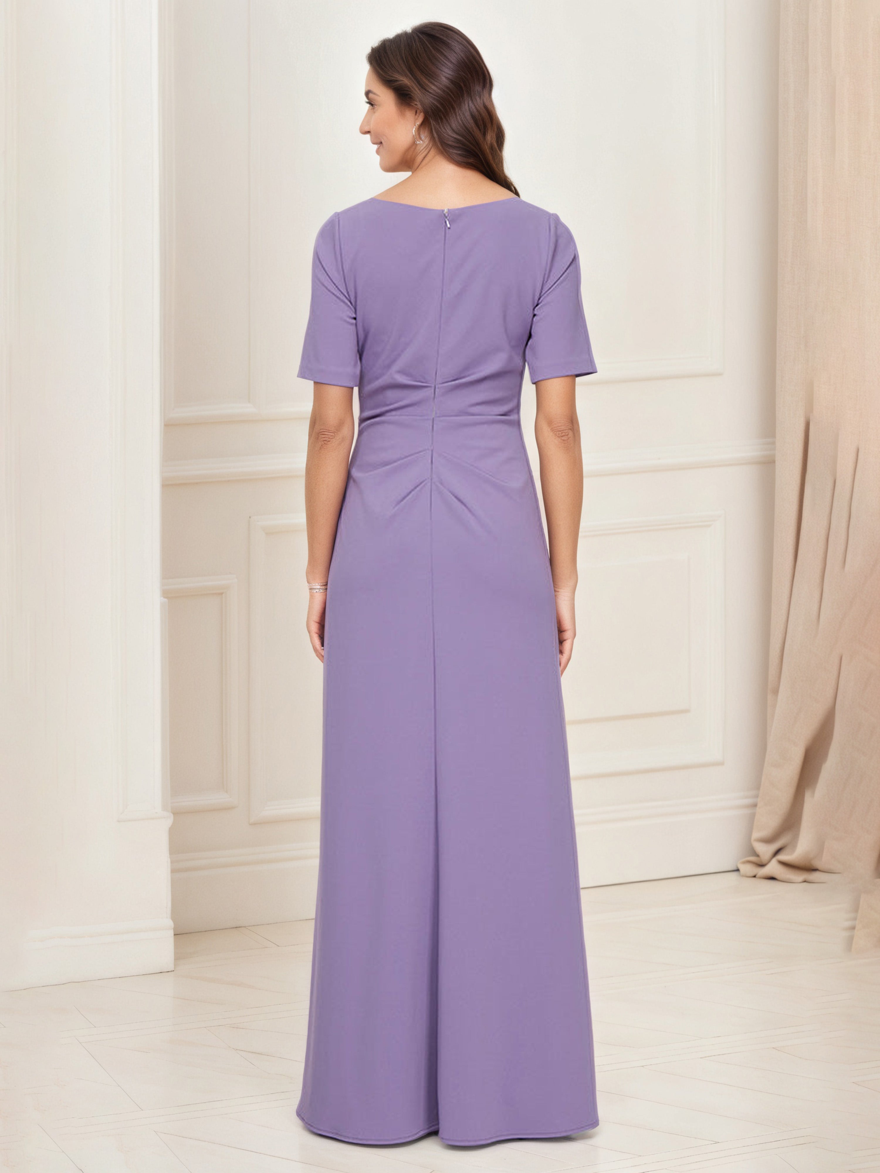 Floor Length Sheath Square Neck Ruched Tahiti Mother Of The Bride Dress with Split