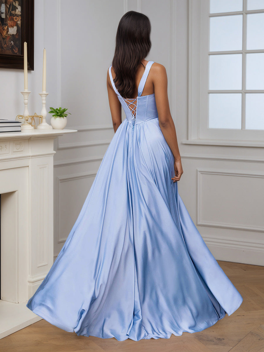 Cicinia Pink Prom Dresses Soft Satin V-Neck A-Line Floor Length Evening Dress