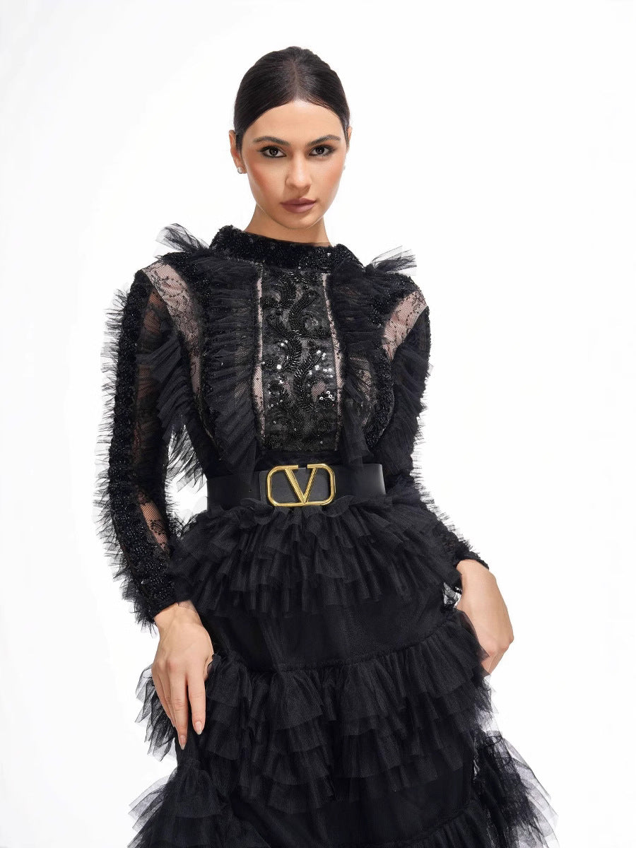 Elegant High Neck Sleeves Layers Prom Dress With Belt