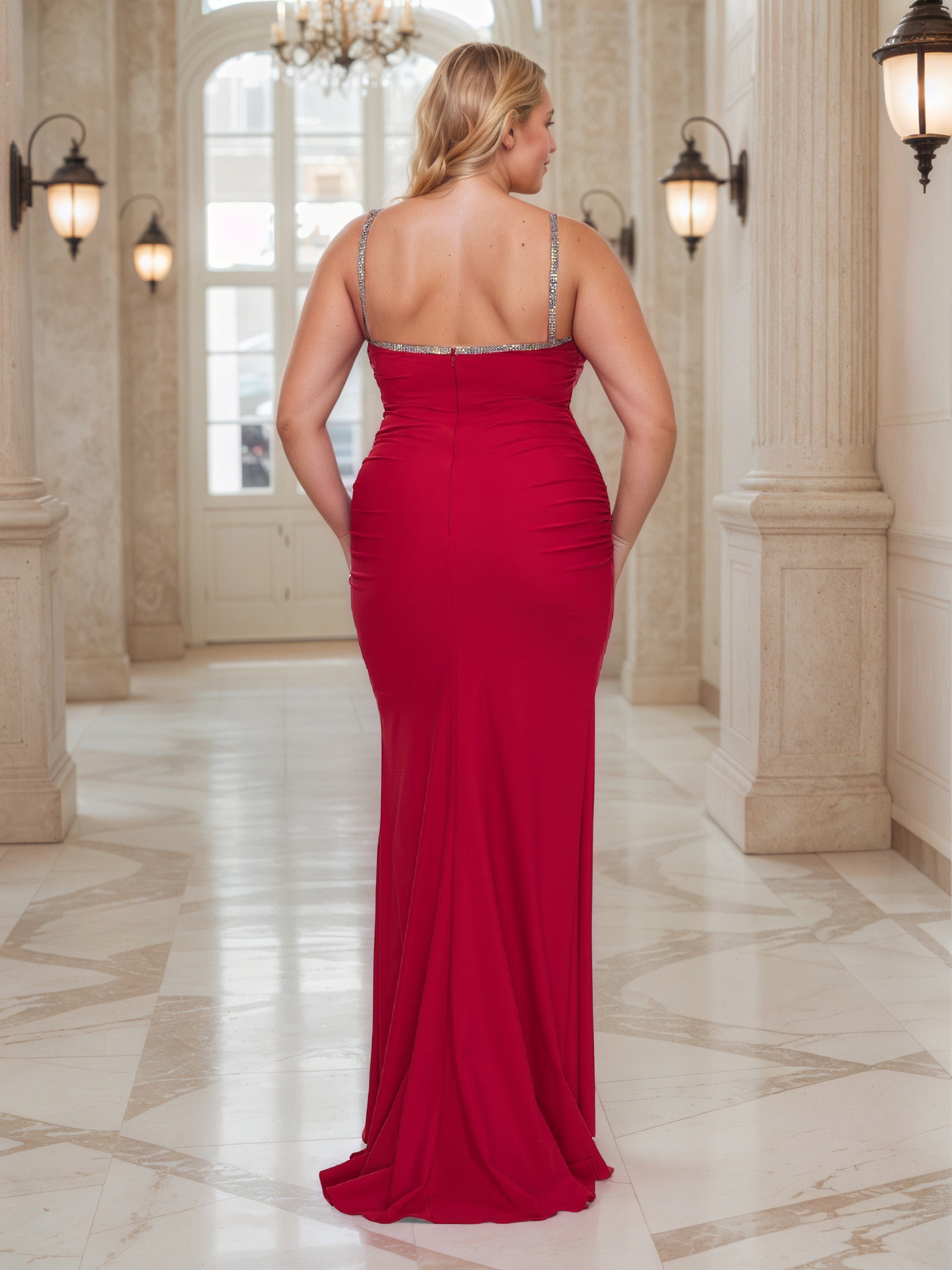 Red Prom Dress Spaghetti Straps Sheath Plus Size Dress with Beading Neckline