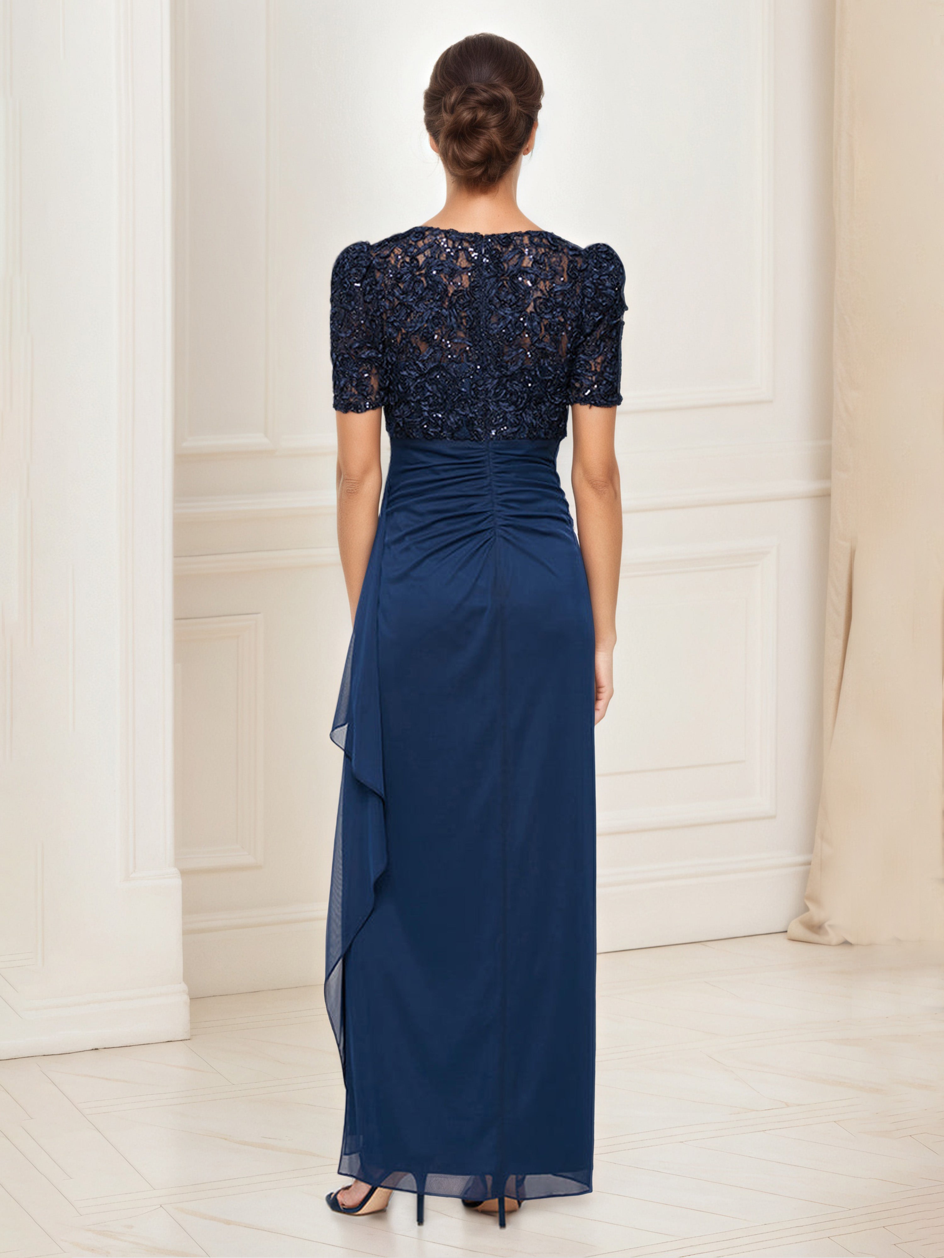 Petite Empire Waist Dress with Soutache Bodice Puff Sleeve Mother Of The Bride Dark Navy Dress