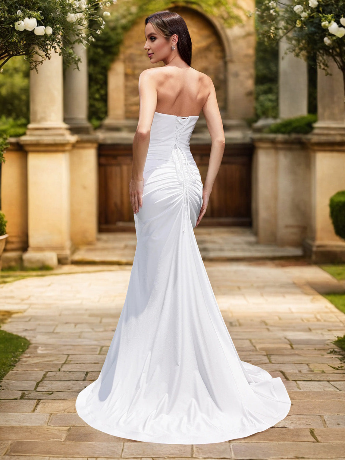 Mermaid Sweetheart Stretch Satin Bodice High Slit Wedding Dress with Sweep Train
