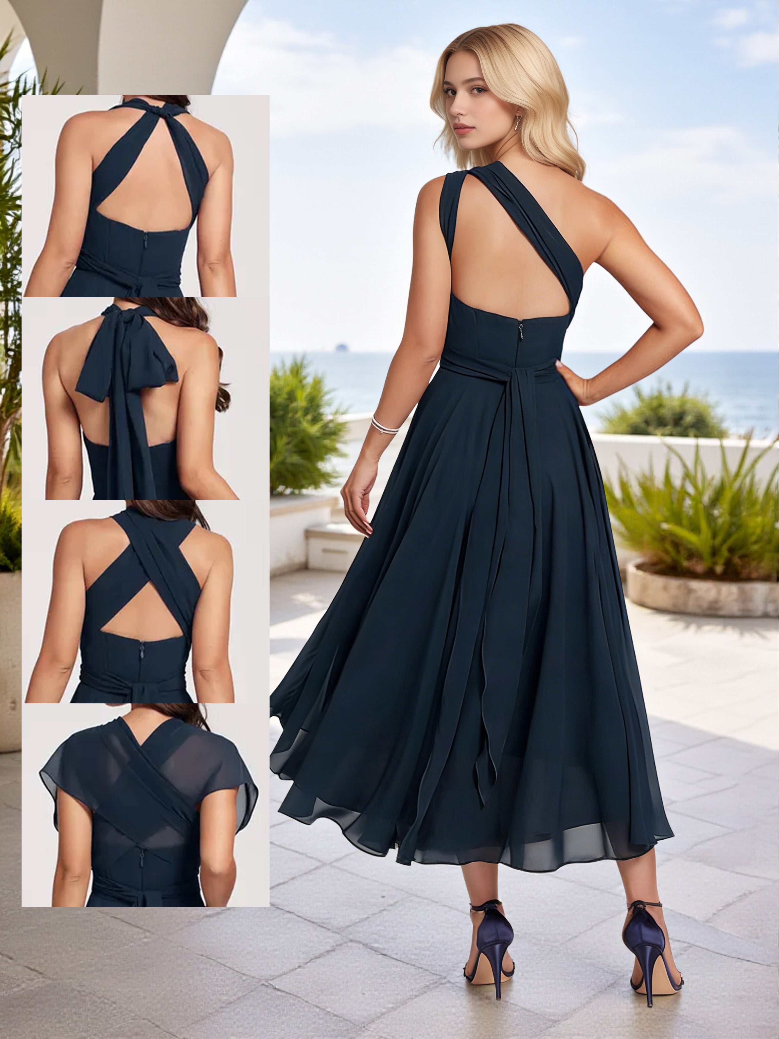 Cicinia Dark Navy Bridesmaid Dresses Chiffon Convertible A-Line Tea Length Dress