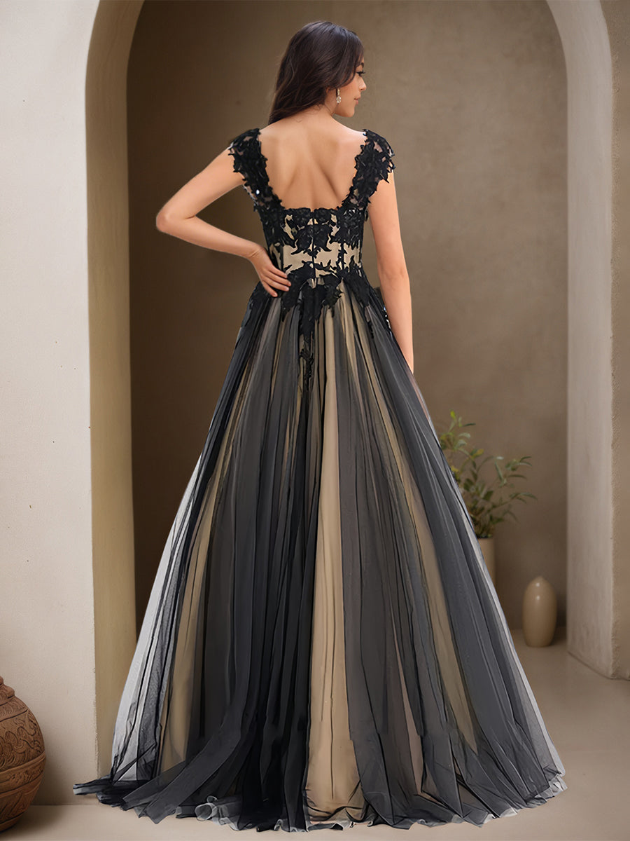 Cicinia Black Prom Dresses Tulle Appliques Lace A-Line Straps Sweep Train Evening Dress